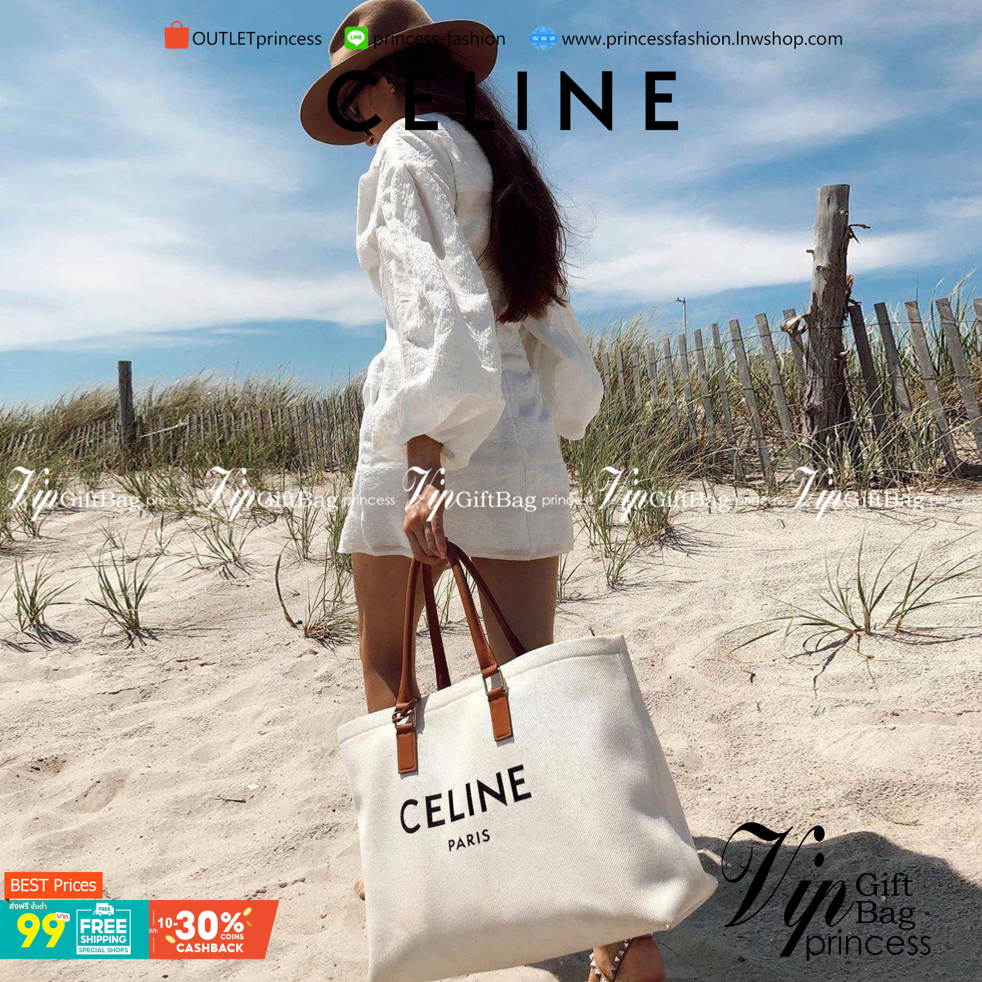 CELINE PHANTOM TOTE BAG VIP GIFT WITH PURCHASE (GWP) พรีเมี่ยมกิ๊ฟ Limited Edition จาก CELINE PERFUME DUTYFREE COUNTER วัสดุ Canvas & Grained cowhide ดีไซน์ทรง Shopping ขนาดใหญ่กำลังดี เนื้อหนาแข็งแรง น้ำหนักเบา โดดเด่นที่ห้อยTagแม่กุญแจอะไหล่ทองสามารถใช้