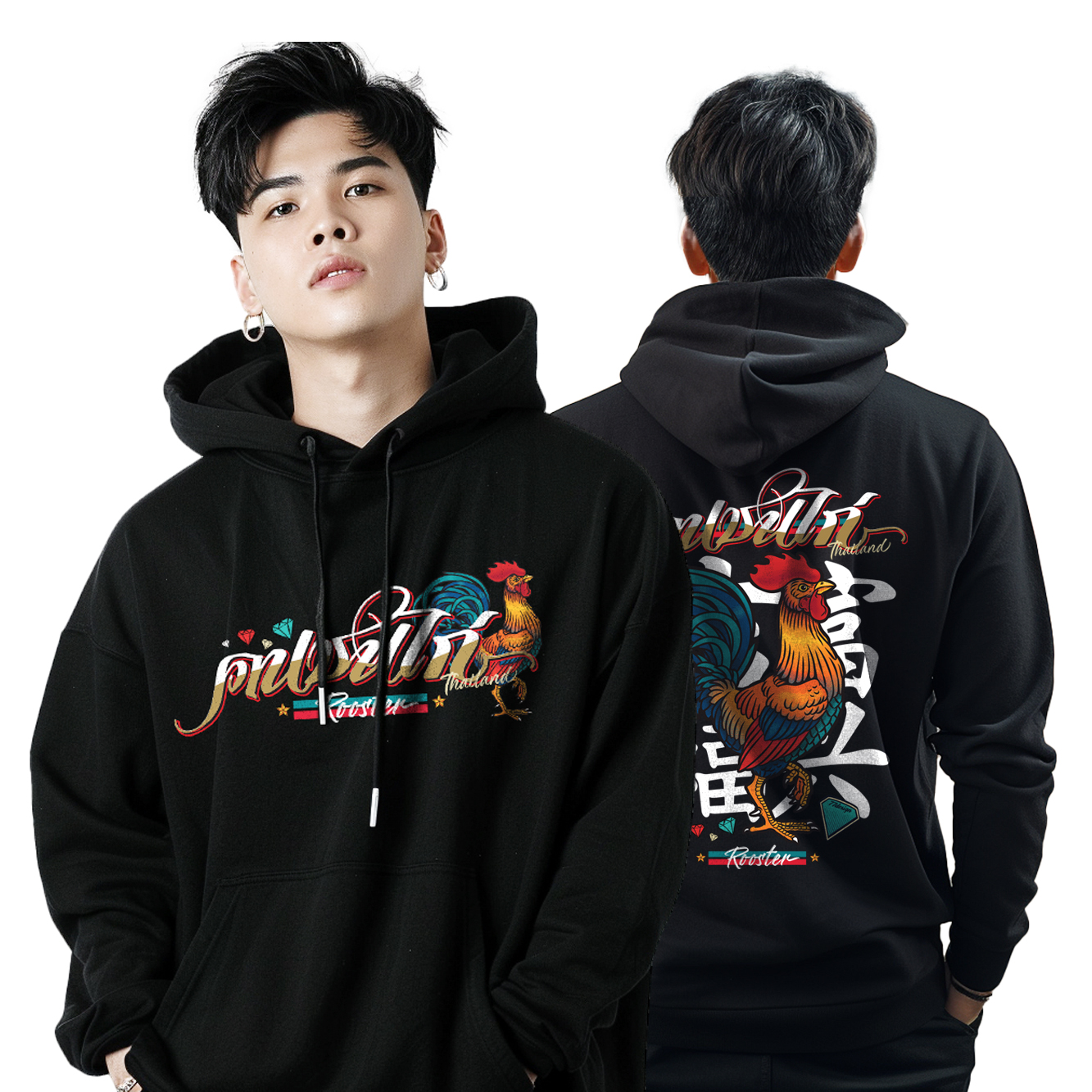 77design Hoodie เสื้อฮู้ดสีดำ คนชนไก่