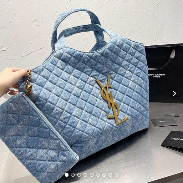 14" YSL icare maxi shopping Denim bag / YSL tote denim bag กระเป๋าไซส์ใหญ่ พร้อมใบเล็ก วัสดุเดนิมเย็บลายตาข่าย (Quilted Bag) ดีไซน์คล้ายตะกร้าช็อปปิ้ง โฉบเฉี่ยวกว่าหลายระดับด้วยการประดับฮาร์ดแวร์ทองเหลืองในตัวอักษร YSL สะดุดตา มอบสไตล์เรียบง่ายแต่คลา