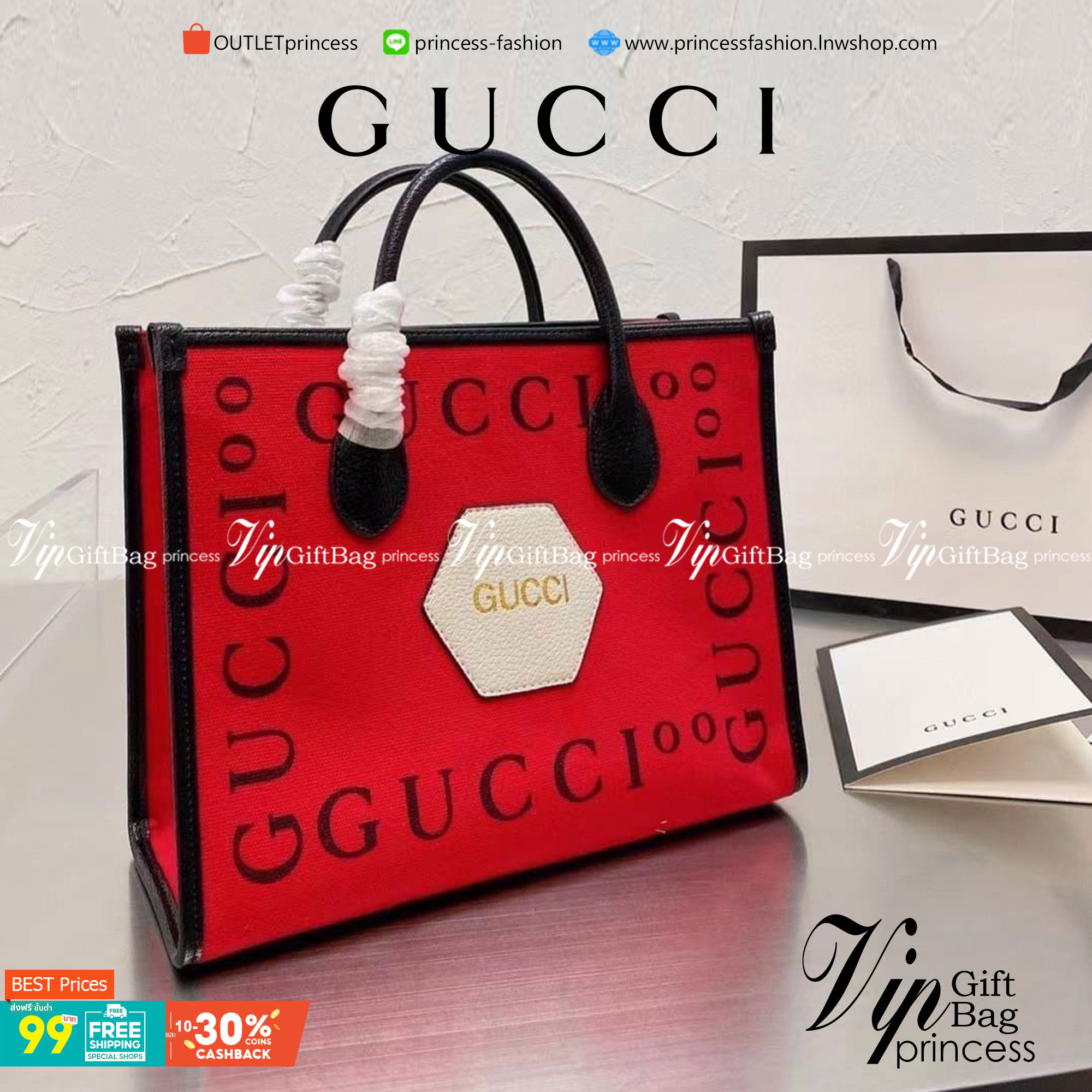 VIP 】Gucci 100 small tote bag Hibiscus red felt with Gucc100 print Black leather พร้อมส่งที่ไทย