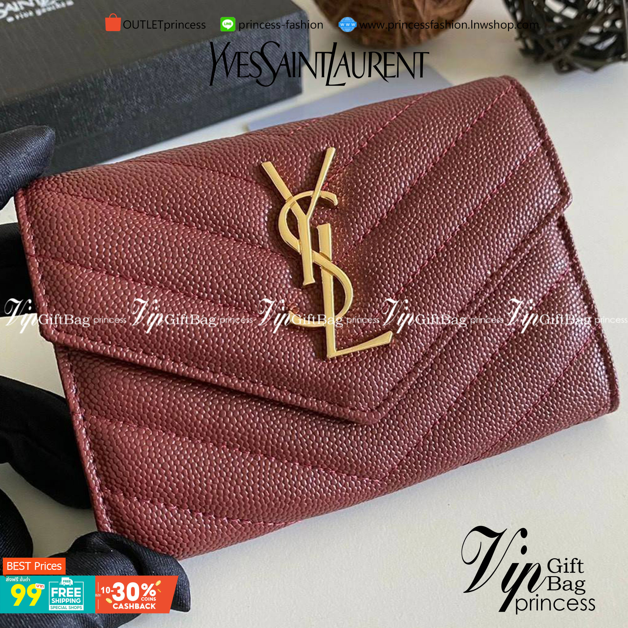หนังแท้ 12cm YSL SAINT LAURENT GARD HOLDER Small Envelope Monogram Wallet