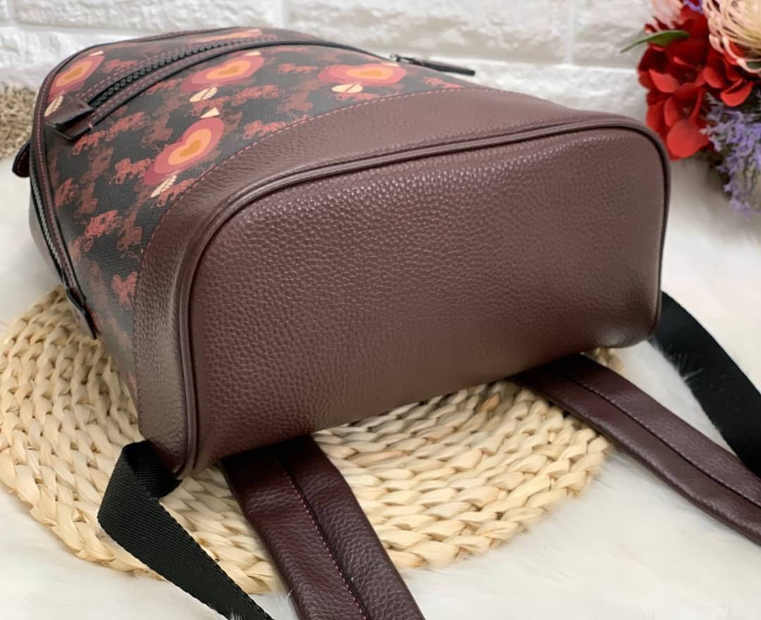 COACH BACKPACK WITH HORSE AND CARRIAGE PRINT AND HEARTS กระเป๋าสะพายหลัง วัสดุ pvc+หนังแท้ ตัวกระเป๋าลายแบรนด์ทั้งใบ ด้านหน้ามีรูปหัวใจโดดเด่นค่ะ พร้อมช่องซิปสำหรับใส่มือถือหรือของจุกจิก เปิดปิดกระเป๋าแบบซิปคู่ ภายในโล่ง ใส่ของจำเป็นได้ครบเลยนะคะ พร้อมช่อ