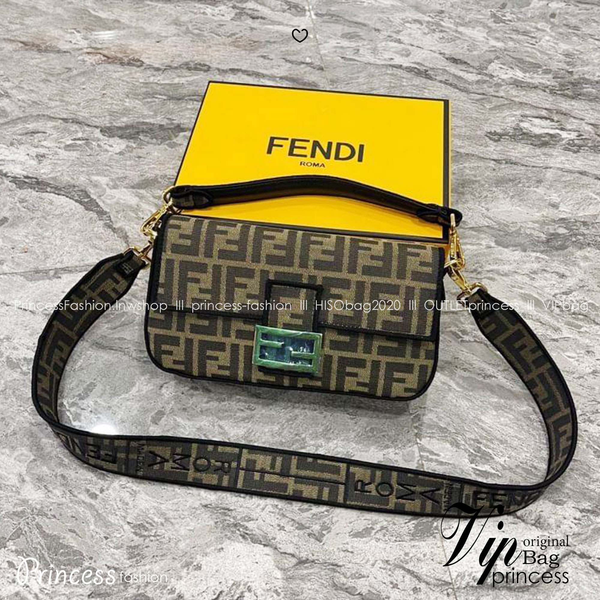 FENDI Baguette Brown FF jacquard fabric bag กระเป๋าสะพายทอลายโมโนแกรม อะไหล่สีทองหรูหรา ถอดสายถือเป็นคลัชได้สุดคุ้ม