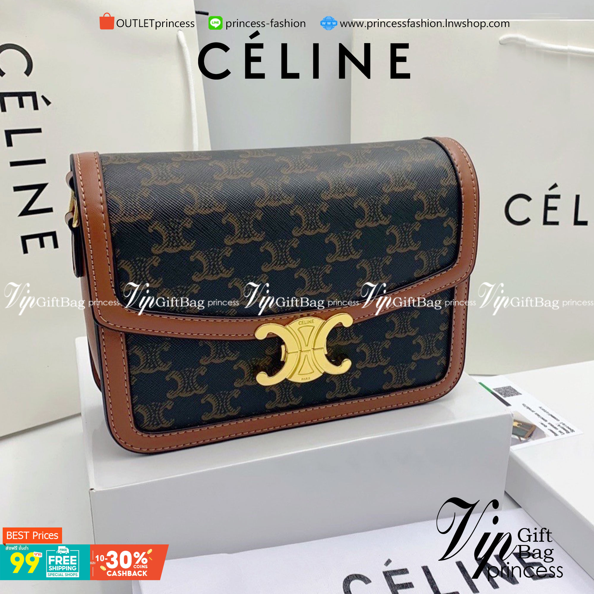 VIP 】𝗖𝗘𝗟𝗜𝗡𝗘 CROSSBODY VIP GIFT MEDIUM/TEEN TRIOMPHE BAG IN TRIOMPHE CANVAS AND CALFSKIN มี 2 ขนาด งานสวยอยู่ทรงเปิดปิดด้วยตัวล้อคด้านหน้า ภายในมีช่องใส่ของหลัก พร้อมช่องซิป ใส่กระเป๋าสตางค์กลาง + มือถือได้ ท