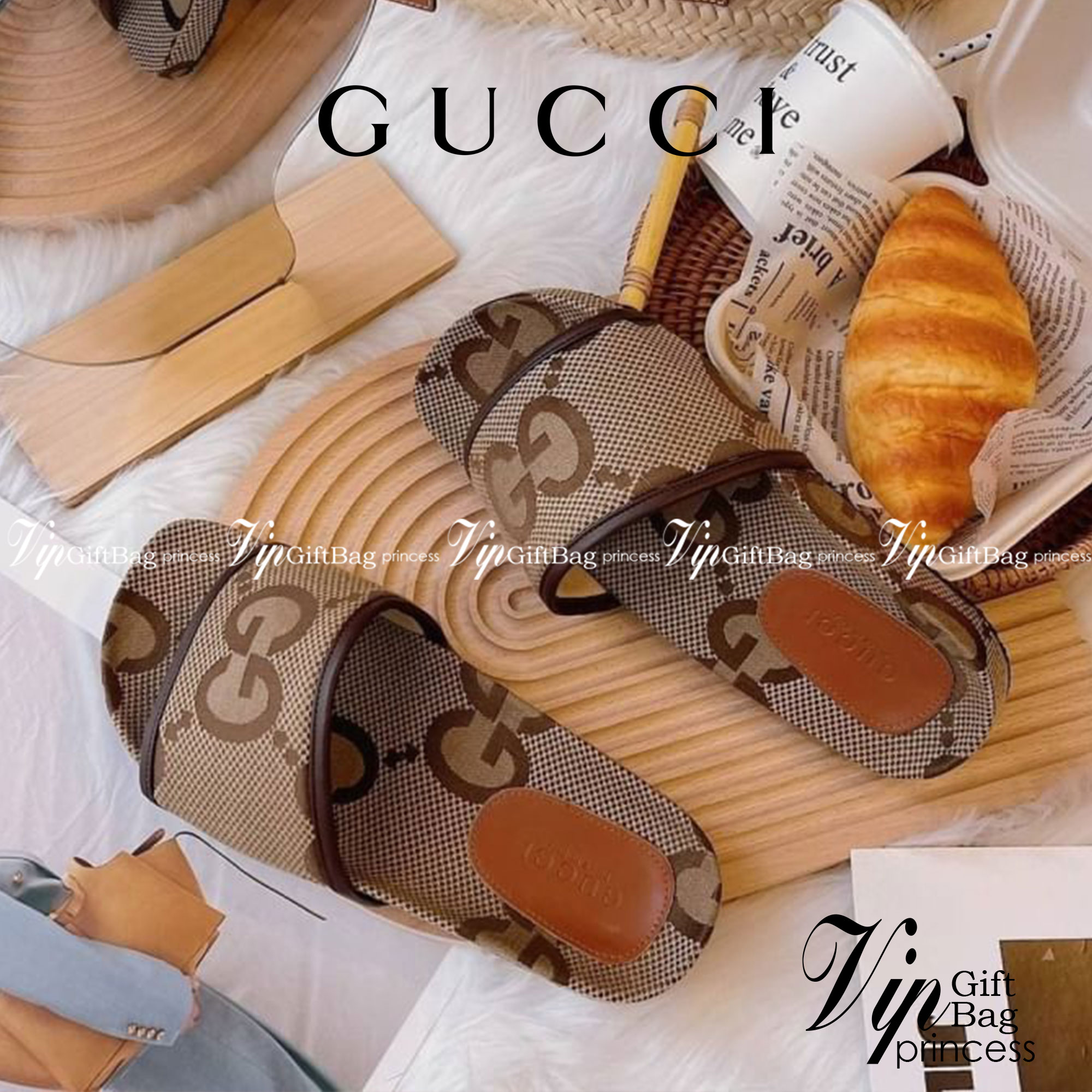 GUCCI รองเท้าแตะ GG jumbo ลายผ้าแบรนด์ นุ่ม ใส่สบ่ย กระชับ น้ำหยักเบา แมทส์ชุดง่าย