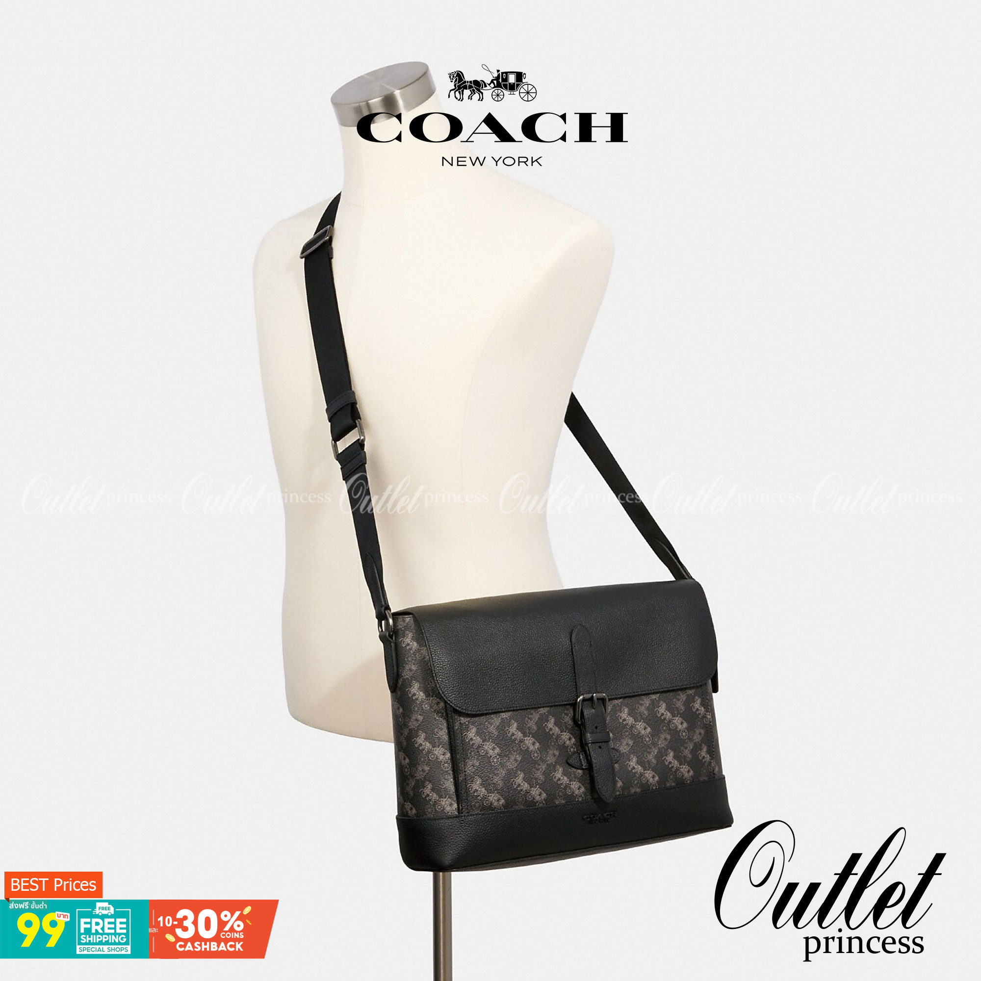 COACH HUDSON MESSENGER WITH HORSE AND CARRIAGE PRINT (COACH 89955) กระเป๋าสะพาย Coach ผู้ชาย ทรงสีเหลี่ยมใส่เอกสาร ใส่ Notebook ใส่Labtop ✅วัสดุแคนวาสลายรถม้า+หนังแท้