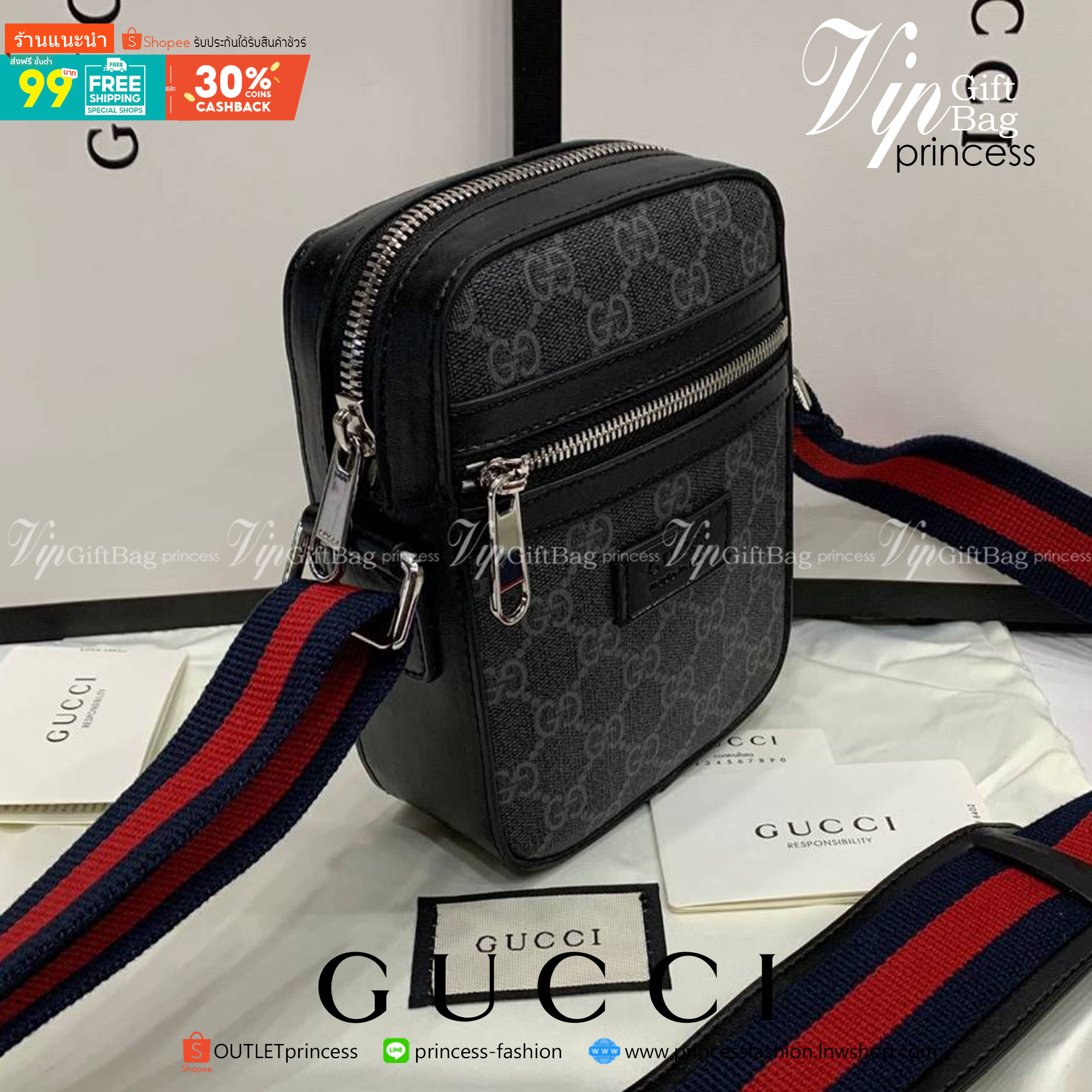 พรีเมี่ยมกิ๊ฟแท้ 100% 】พร้อมส่งที่ไทย!! ที่นี่ที่เดียว Gucci Men's Black Supreme Logo Canvas Flight Bag งานหนังแท้ มีจำนวนจำกัด มาพร้อมถุงกระดาษแบรนด์