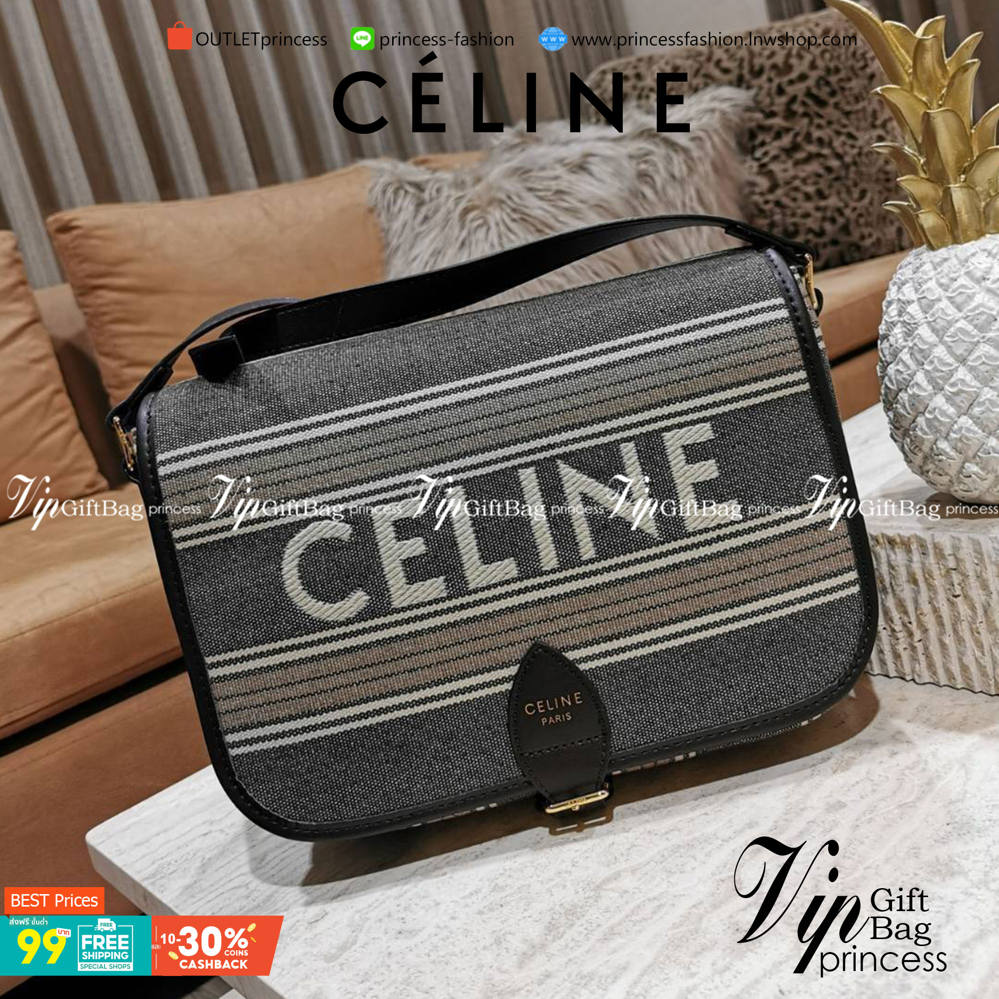 CELINE MESSENGER BAG VIP GIFT WITH PURCHASE (GWP) พรีเมี่ยมกิ๊ฟรุ่น Limited จาก CELINE HAUTE PARFUME DUTYFREE COUNTER วัสดุ CANVAS TEXTILE ลายทางสีคลาสสิคดีไซน์ Unisex ใช้ได้ทั้งชายและหญิง เปิดปิดด้วยฝาปิด Belt และแถบแม่เหล็กด้านใน ขนาดกำลังดี น้ำหนักเบา 