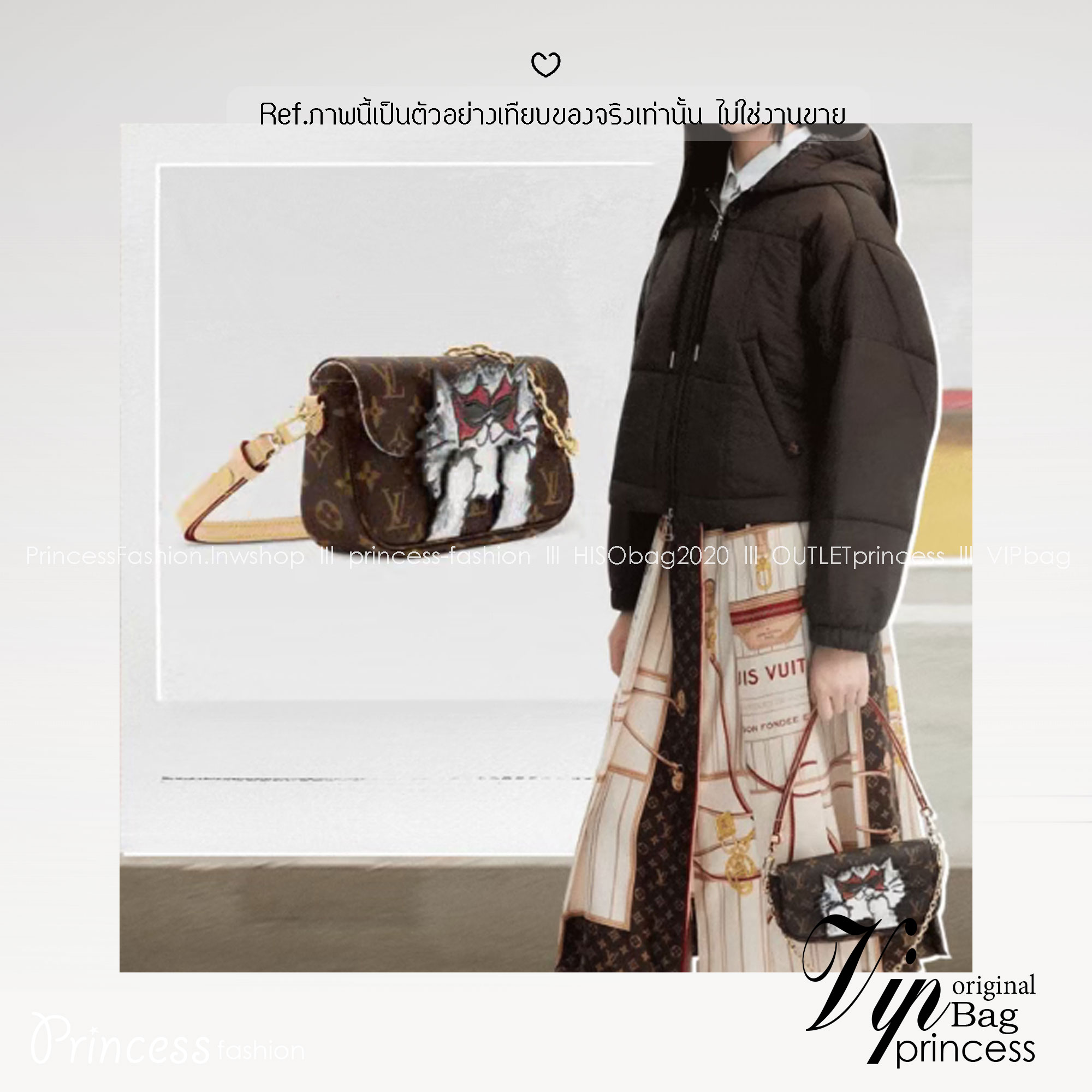 ORI หนังแท้ | LV Ivy chain wallet love of cats กระเป๋าสะพายไอวี่ดีไซน์กระเป๋าสตางค์ โดดเด่นด้วยการตกแต่งภาพประกอบแสนสดใสที่วาดมือลายน้องแมว พร้อมช่องใส่บัตร สายสะพายหนังและโซ่ถอดได้