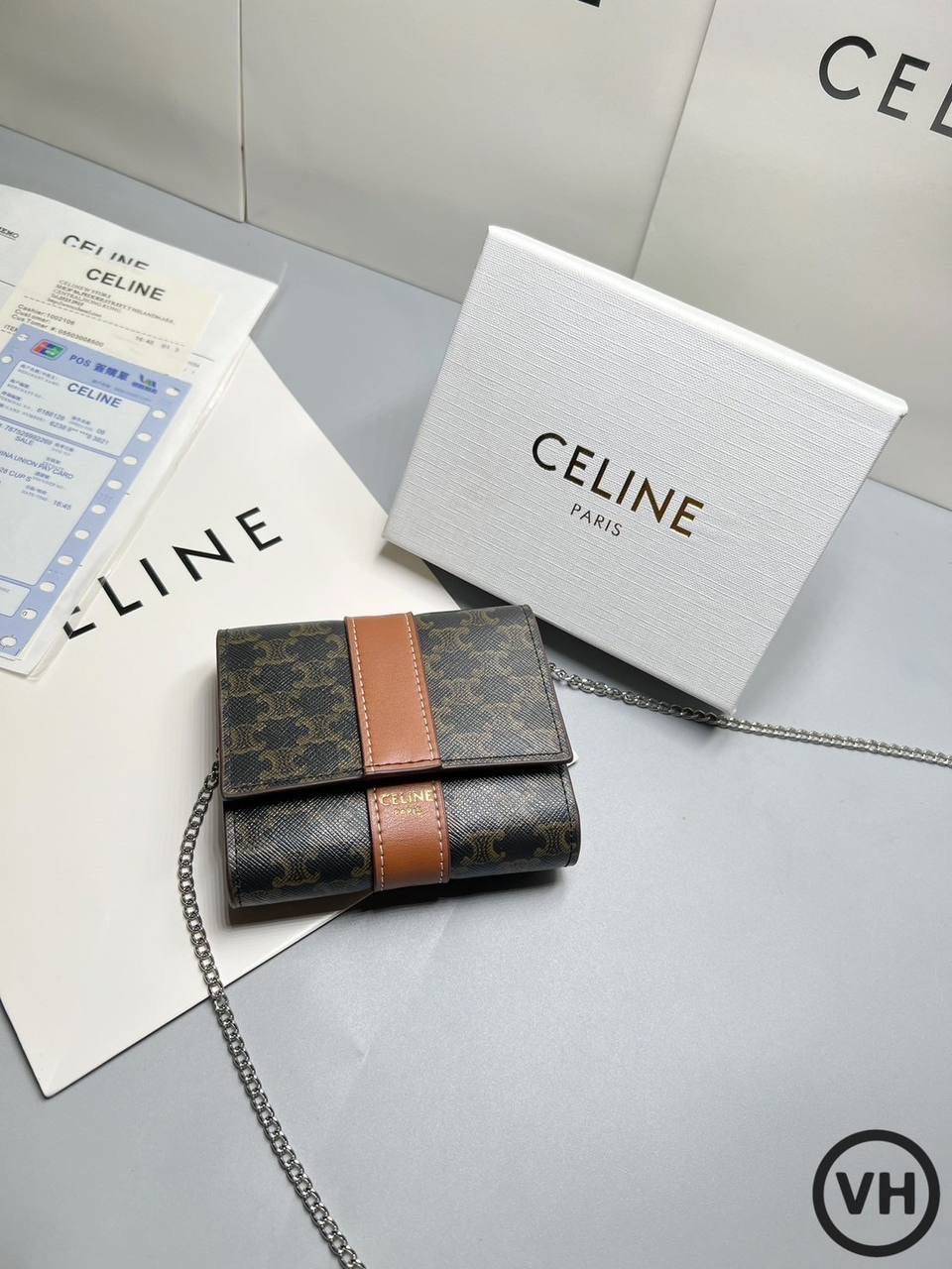 ORI หนังแท้ | CELINE Wallet / CELINE SMALL TRIFOLD WALLET IN TRIOMPHE CANVAS กระเป๋าสตางค์ใบสั้น 3 พับ กระเป๋าสตางค์เซลีน