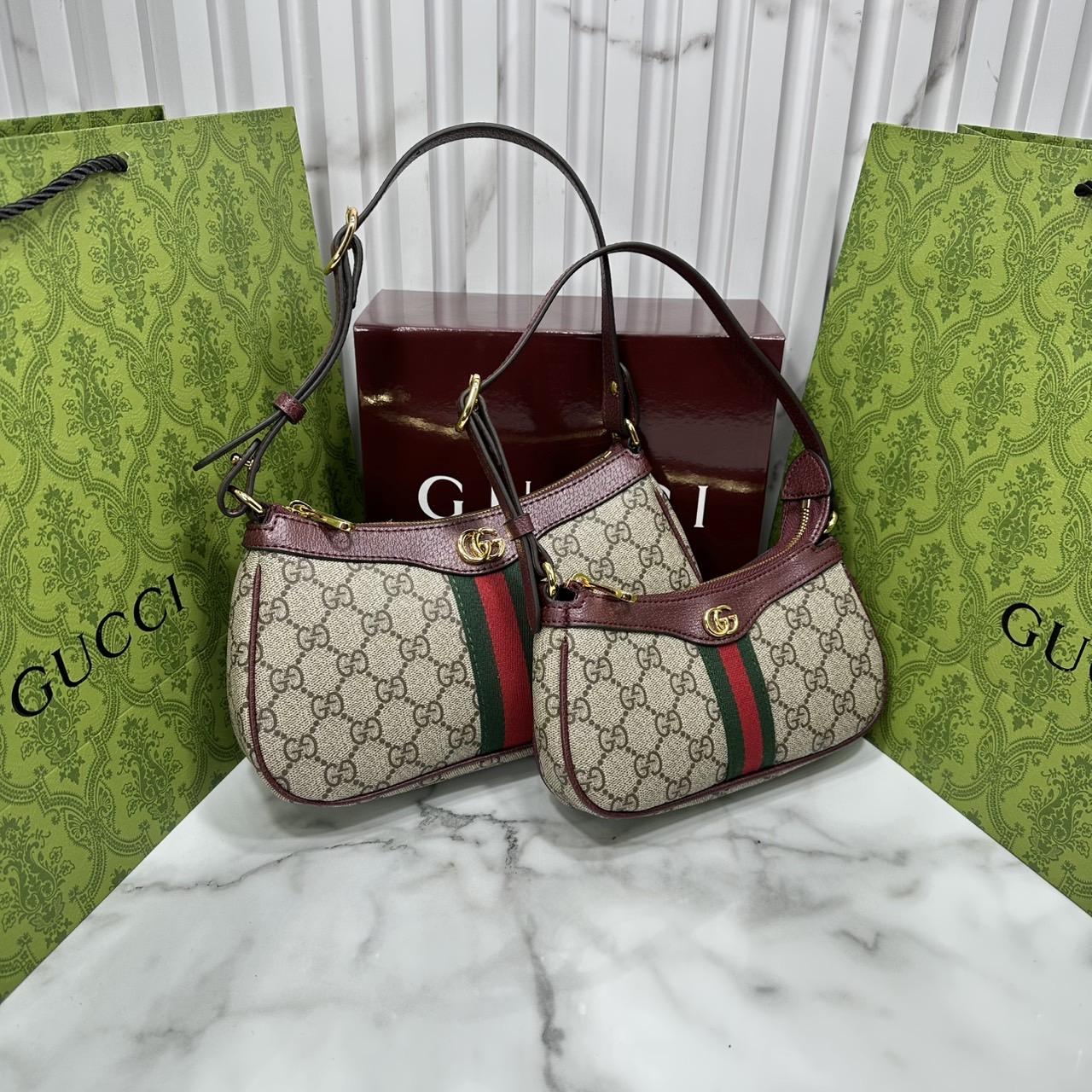8" ORI หนังแท้ | Gucci Ophidia mini shoulder bag GG Monogram Double G / Gucci Hobo Bag กระเป๋าสะพายทรงโฮโบขนาดมินิ