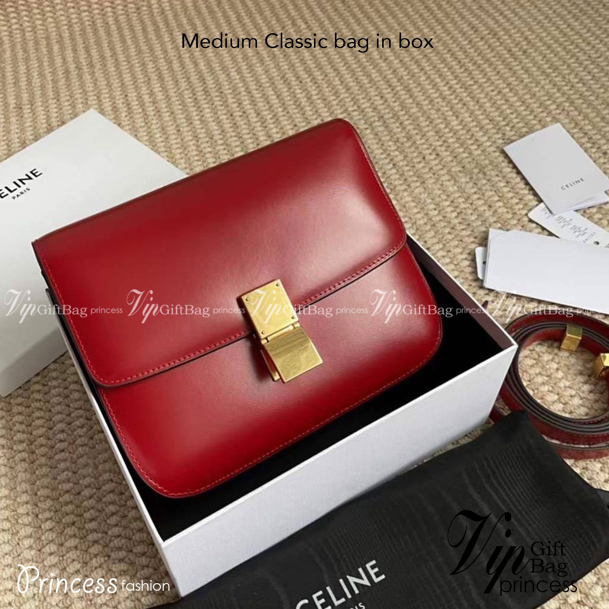 CELINE Medium Classic bag in box calfskin เกรดออริจินอล กระเป๋าสะพายแบรนด์เนมซีลีนหนังแท้ อะไหล่ทองหรู งานหนังเรียบ สวยหรู ด้านในเปิดด้วยบีบอะไหล่ทอง