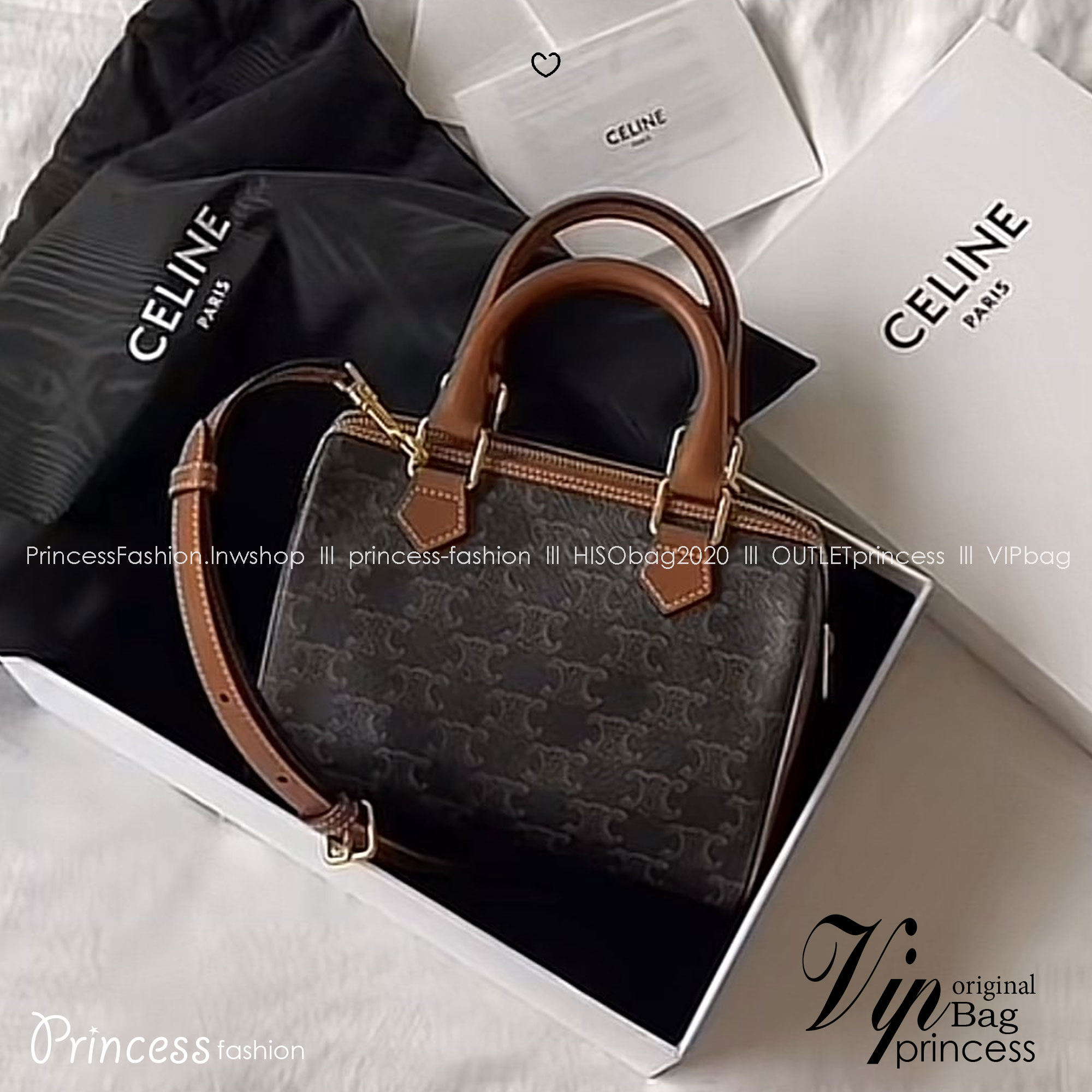 CELINE Small BOSTON bag in Triomphe canvas and Leather กระเป๋าสะพายทรงบอสตันสุดคลาสสิค ฮิตสุดๆในเกาหลี ไอเท็มแนะนำ! ไซส์เล็กน่ารัก ใช้ได้ทั้งหนุ่มๆและสาวๆ