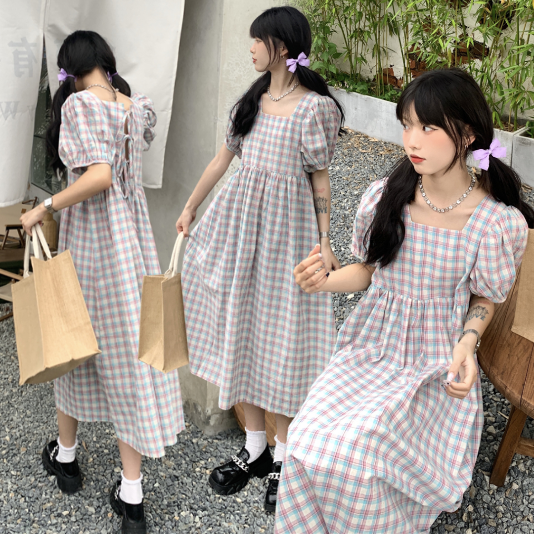 พร้อมส่ง ⛵️🎁 Yummy tea dress เดรสลายตารางหลายสี (IN37456)