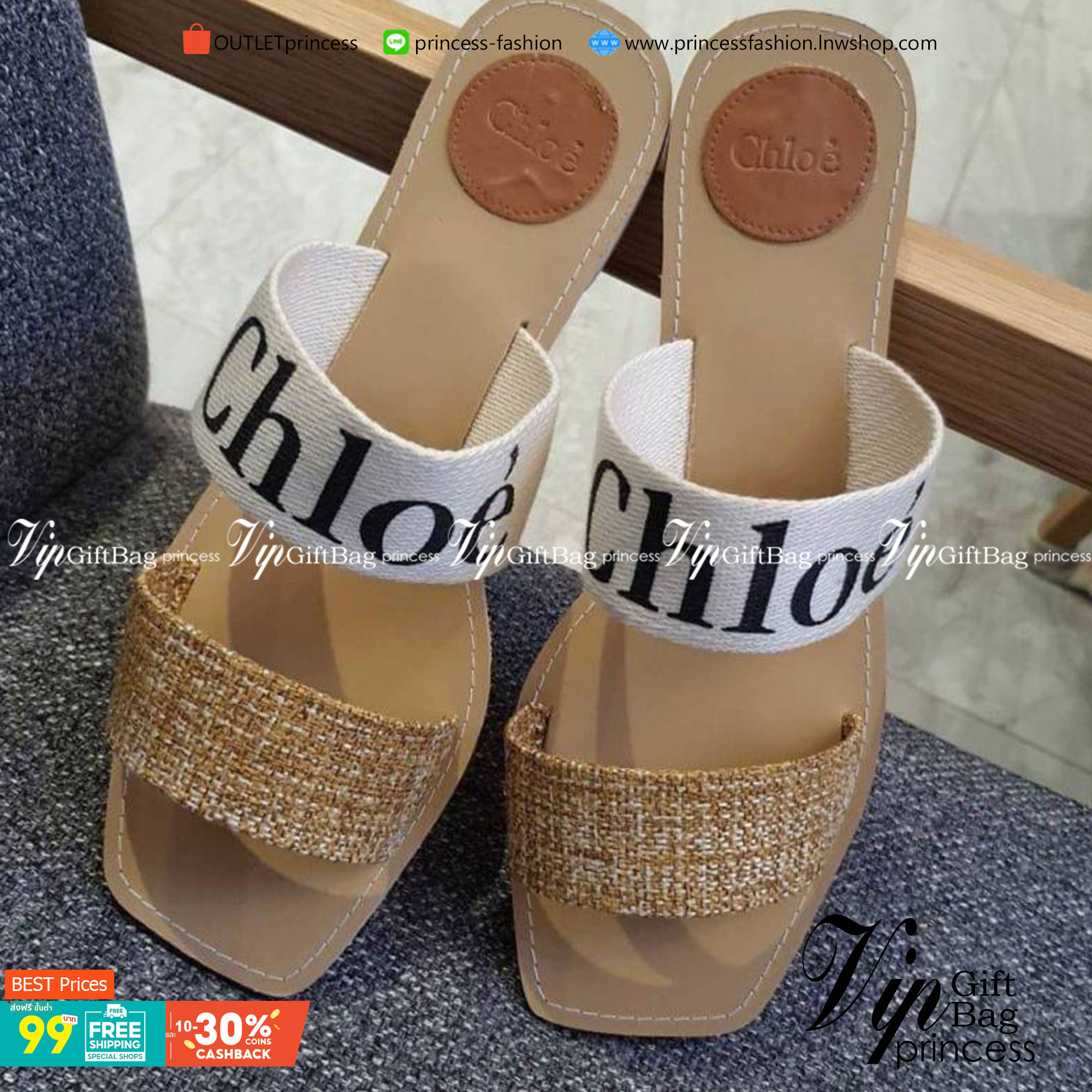 CHLOÉ LOGO SLIDE SANDEL แตะชิค ใส่สบาย วัสดุผ้าสกีนแบรนด์ งานสวย ใส่สบาย น้ำหนักเบา