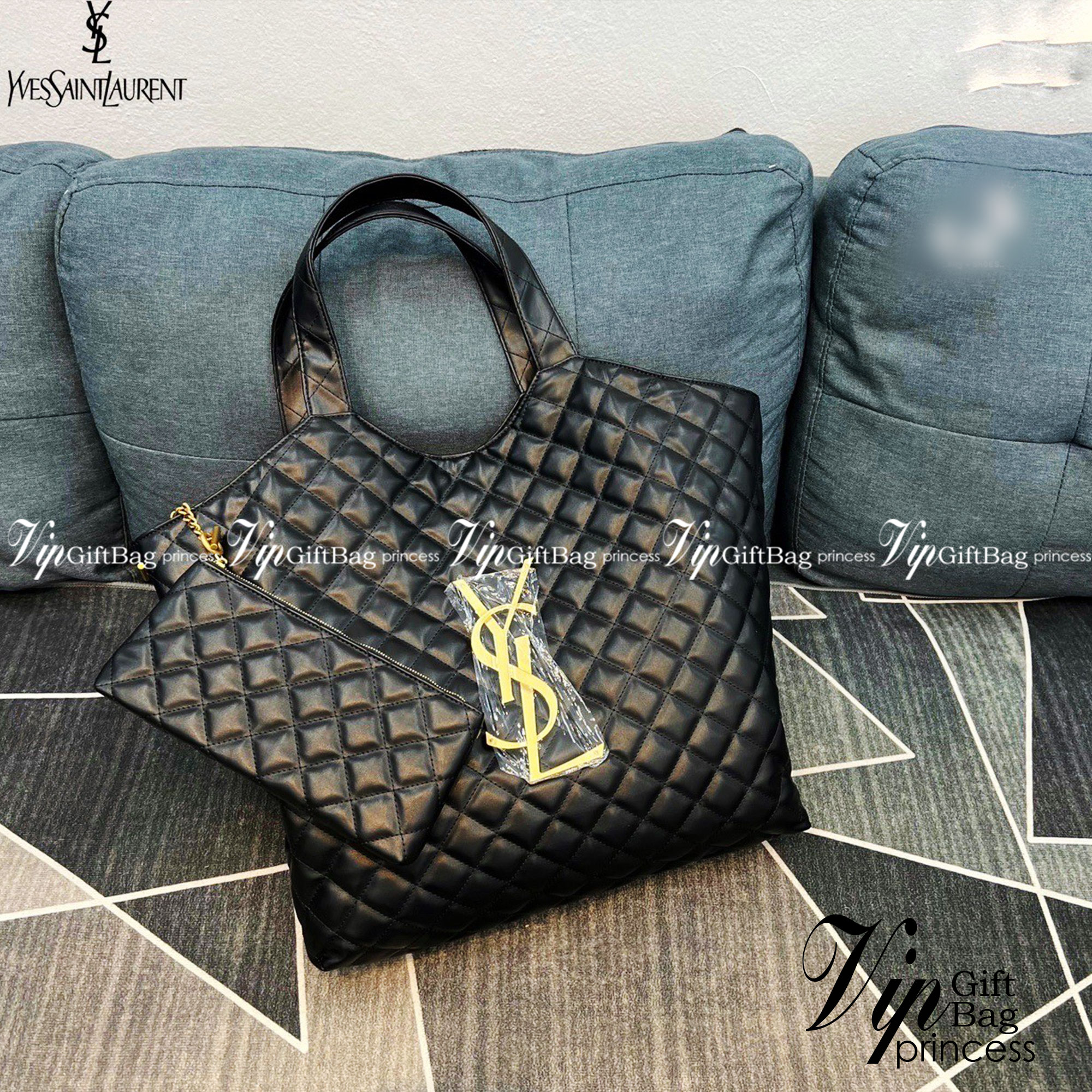 YSL icare maxi shopping bag in quilted lambskin / YSL tote bag กระเป๋าไซส์ใหญ่ พร้อมใบเล็ก หนังบุนิ่มเย็บลายตาข่าย (Quilted Bag) ดีไซน์คล้ายตะกร้าช็อปปิ้ง โฉบเฉี่ยวกว่าหลายระดับด้วยการประดับฮาร์ดแวร์ทองเหลืองในตัวอักษร YSL บนหนังสีดำสร้างความสะดุดตา มอบสไ