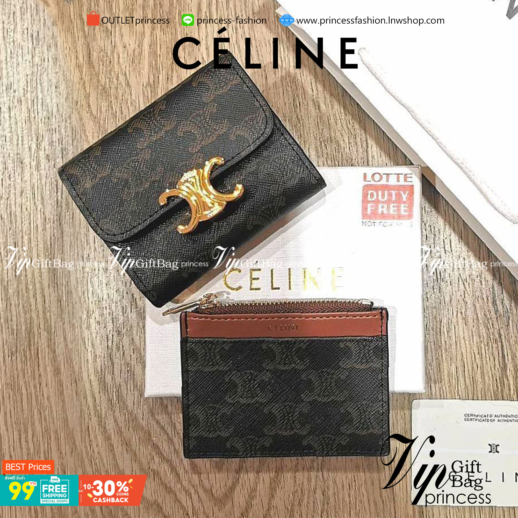 VIP 】CELINE SHORT WALLET VIP GIFT WITH PURCHASE GWP พรีเมี่ยมกิ๊ฟ Limited จาก CELINE HAUTE PARFUME DUTYFREE COUNTER วัสดุ Triomphe Canvas รุ่นใหม่เปิดปิดฝาพับกระดุม ภายในมีช่องแบ่งหลายช่อง ช่องใส่บัตรหลายช่อง ช่องใส่ธนบัตรใส่แบงก์พันได้เหมือนกระเป๋าสตางค์