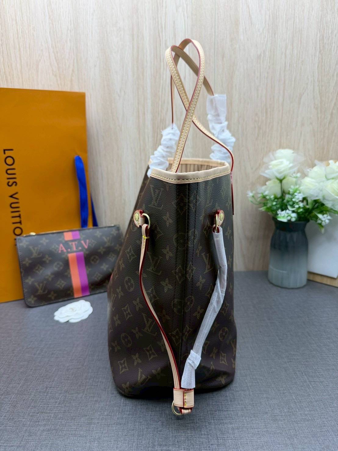 ORI หนังแท้ | LV Neverfull MM Mon Monogram / LV Tote Bag กระเป๋าสะพายทรงโท้ทใบใหญ่ คาดแถบชมพู