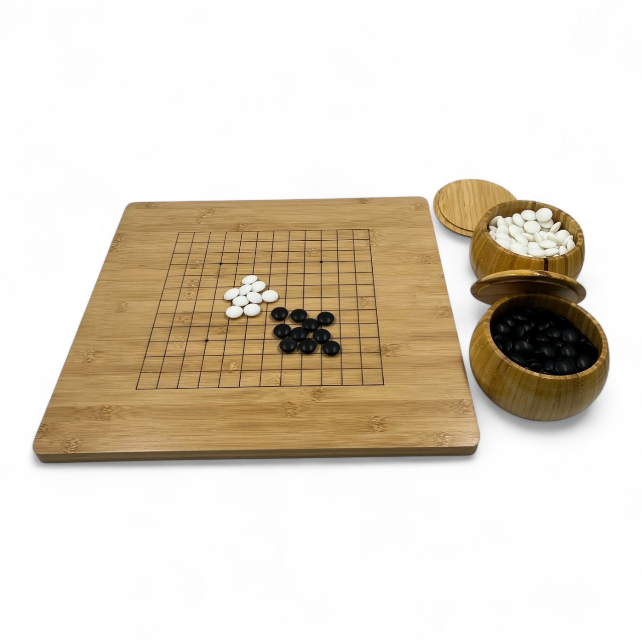 ชุดกระดานหมากล้อมไม้ขอบมนหนา2ซม.กระดาน19x19และ13x13เส้นพร้อมโถไม้Torreyaและเม็ดหมากพลาสติกเมลามีนนูนสองด้าน