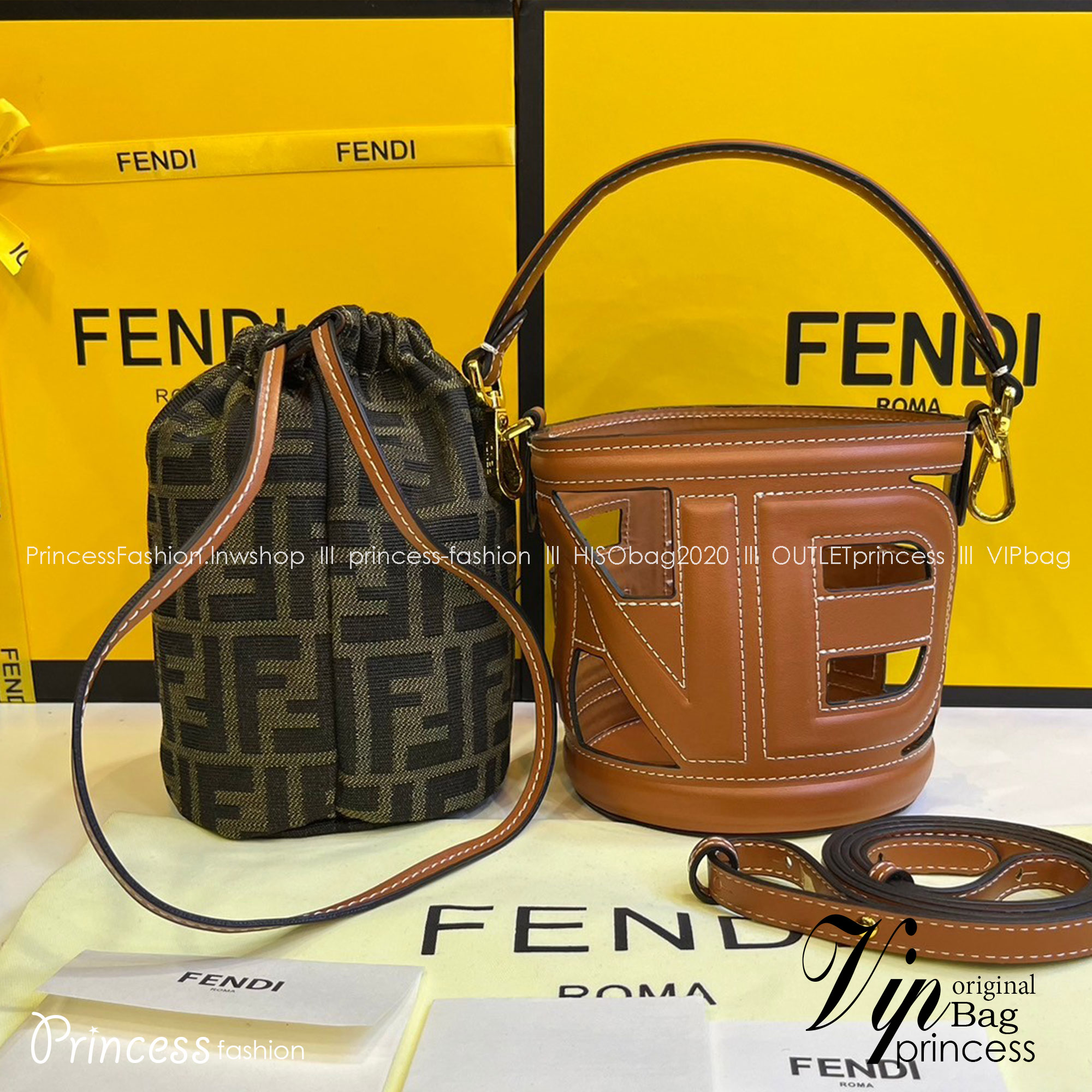 พร้อมส่ง 2 สี FENDI Step Out canvas bucket bag MINI 13cm กระเป๋าสะพายทรงบัคเก็ต ไซส์มินิ เกรดออริ สลับแท้ 1:1 ใช้ต่างประเทศได้