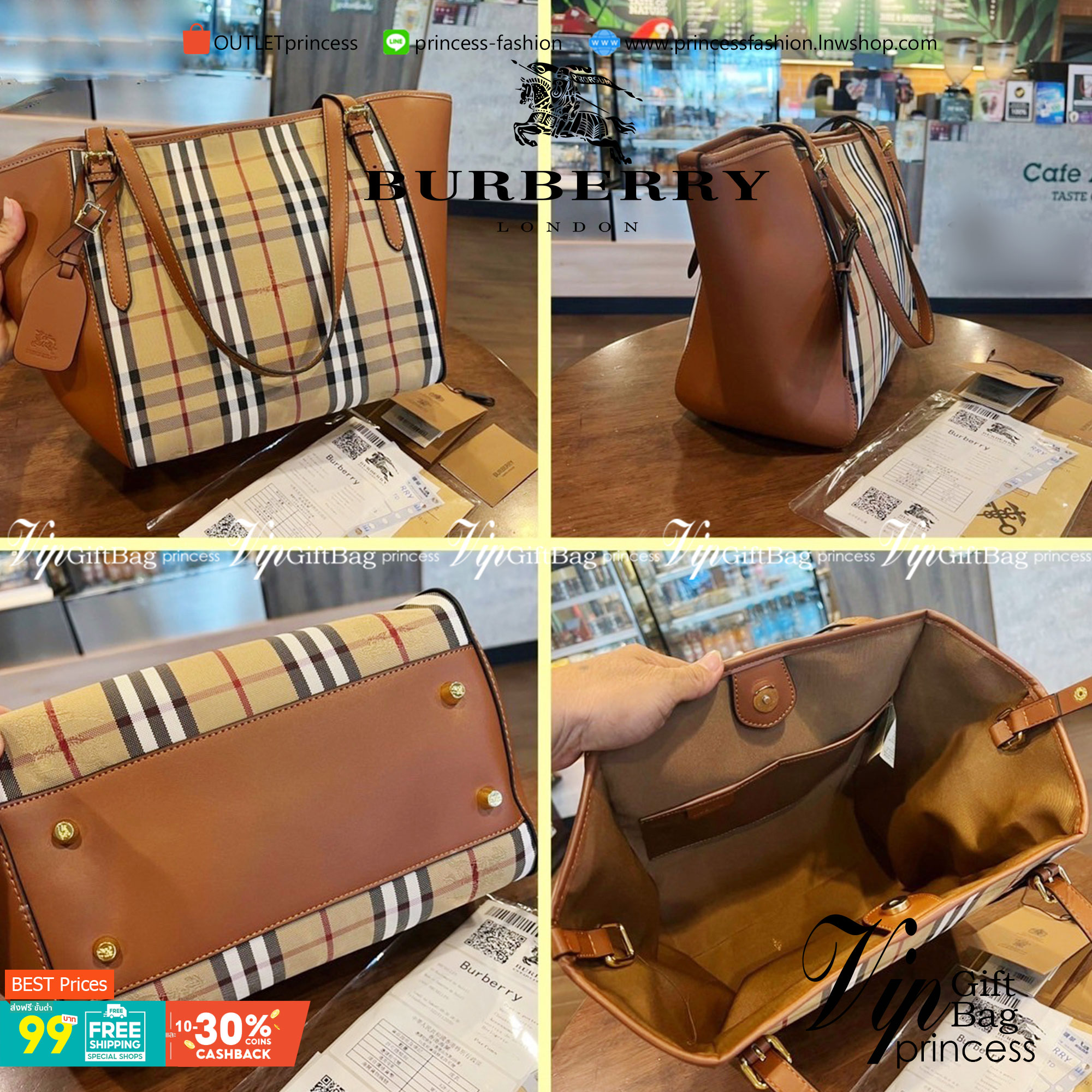 BURBERRY TOTE VINTAGE BAG วัสดุหนัง CANVAS สลับหนัง ลายออริจินอลแบรนด์ตัดขอบหนัง ภายในมีช่องใส่ของโล่งกว้าง สามารถใส่มือถือ ipad ของจุกจิกได้ อีกด้านใส่ของพร้อมหยิบใช้ อะไหล่แบรนด์สีทองวินเทจ Rare items เด็ดๆแบบนี้ห้ามพลาดน้าาา