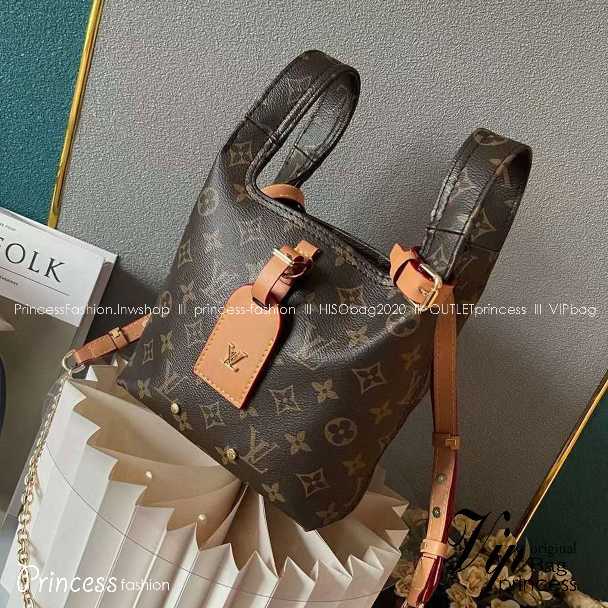 พร้อมส่ง 2 สี LV Atlantis BB Monogram Reverse กระเป๋าถือแคนวาสแต่งขอบหนังสีเข้มประดับเนมแท็ก LV เกรดออริ สลับแท้ 1:1 ใช้ต่างประเทศได้