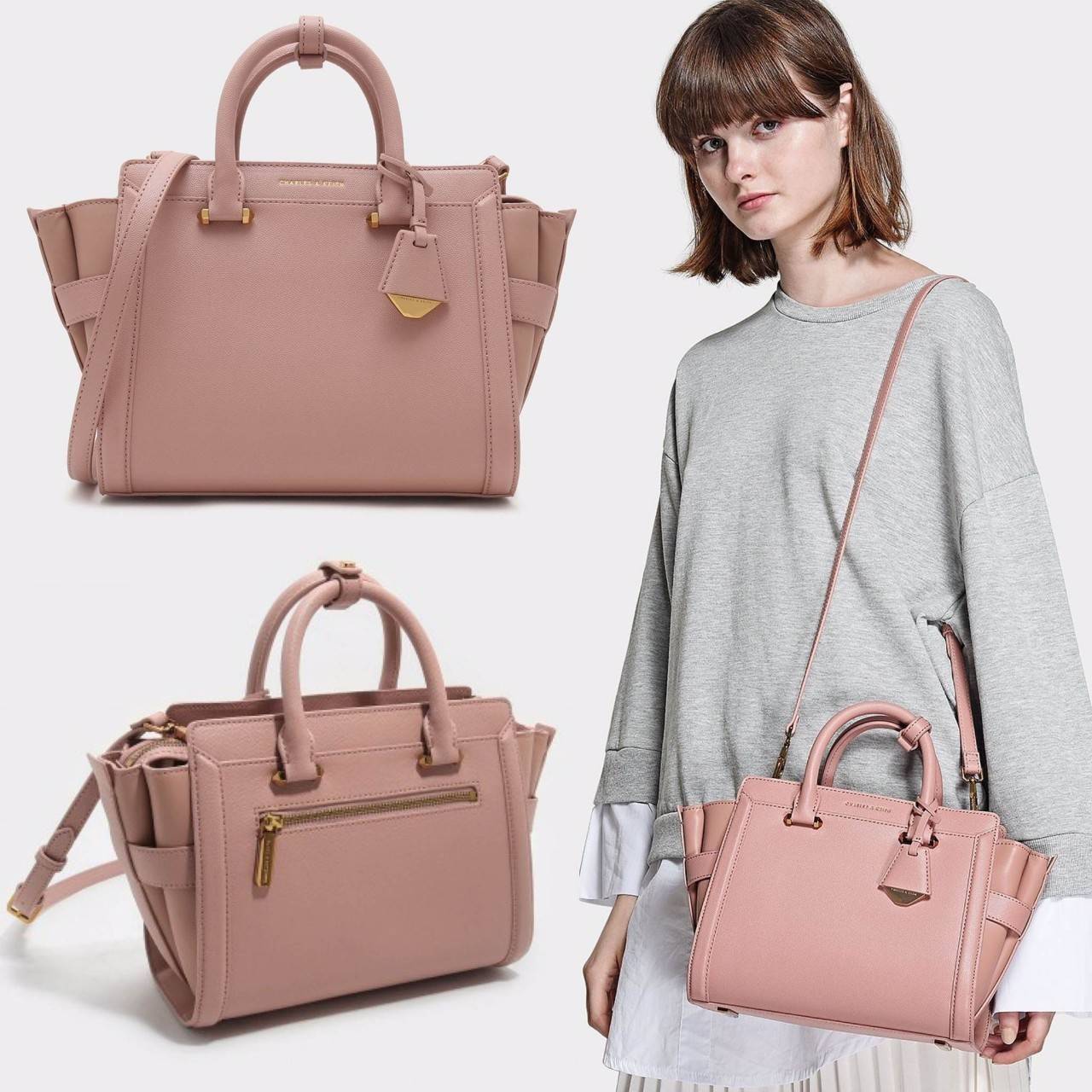 คาเวียร์อะไหล่ทอง DON'T MISS! BEST SELLER! CHARLES & KEITH STRUCTURED TRAPEZE BAG 2018 กระเป๋าถือหรือสะพายรุ่นยอดนิยมดีไซน์สวยหรูวัสดุหนังคาเวียร์อยู่ทรงด้านข้างเเต่งหนังช่องตัดดูมีดีเทล ด้านหน้าสกรีนโลโก้ ด้านหลังมีช่องซิป เปิดปิดด้วยซิปหัวซิปปั้มโล