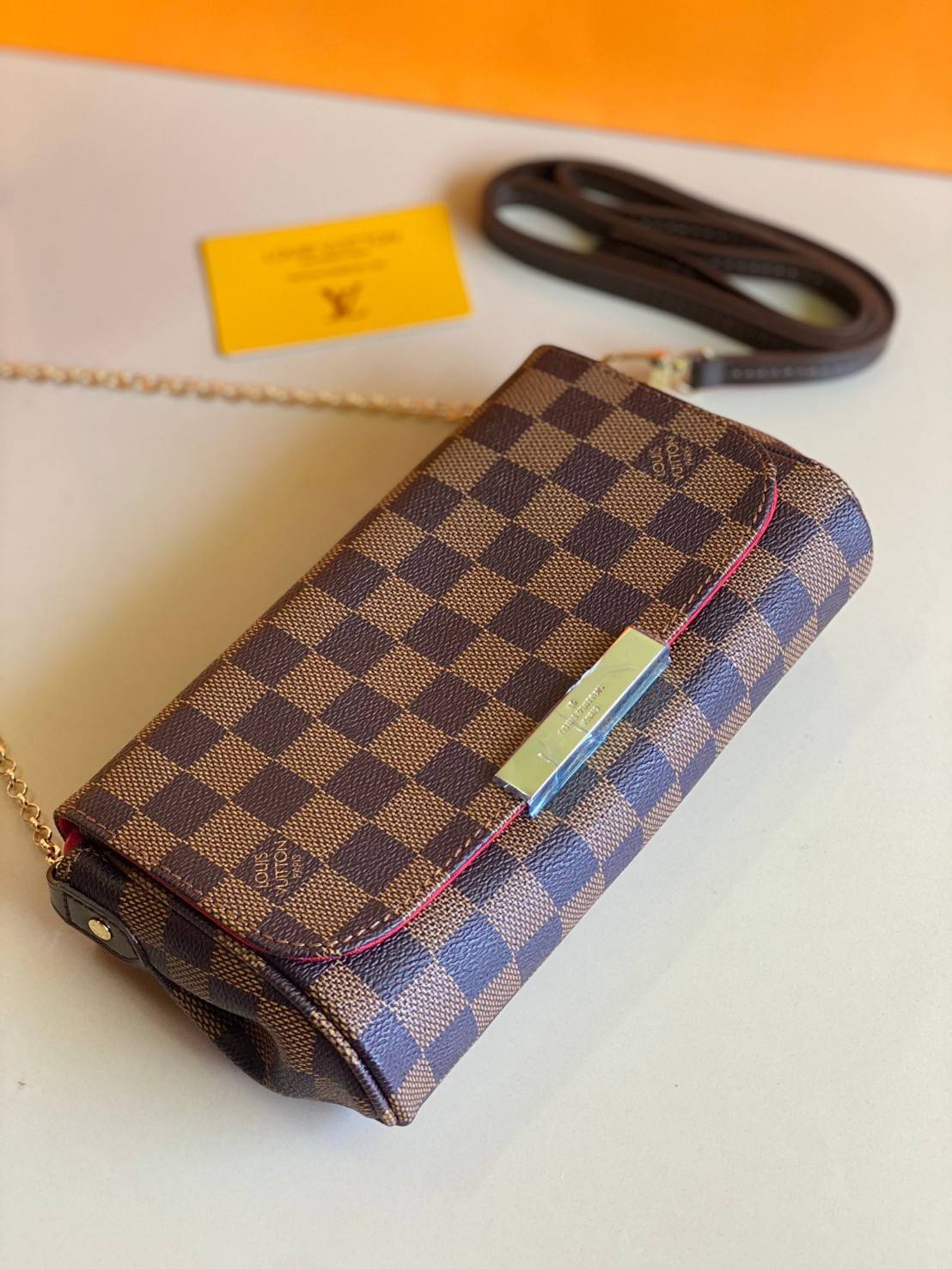 VIP 】หนังแท้ LOUIS VUITTON Monogram Favorite PM Multicolor Damier Ebene Canvas Cross Body Bag