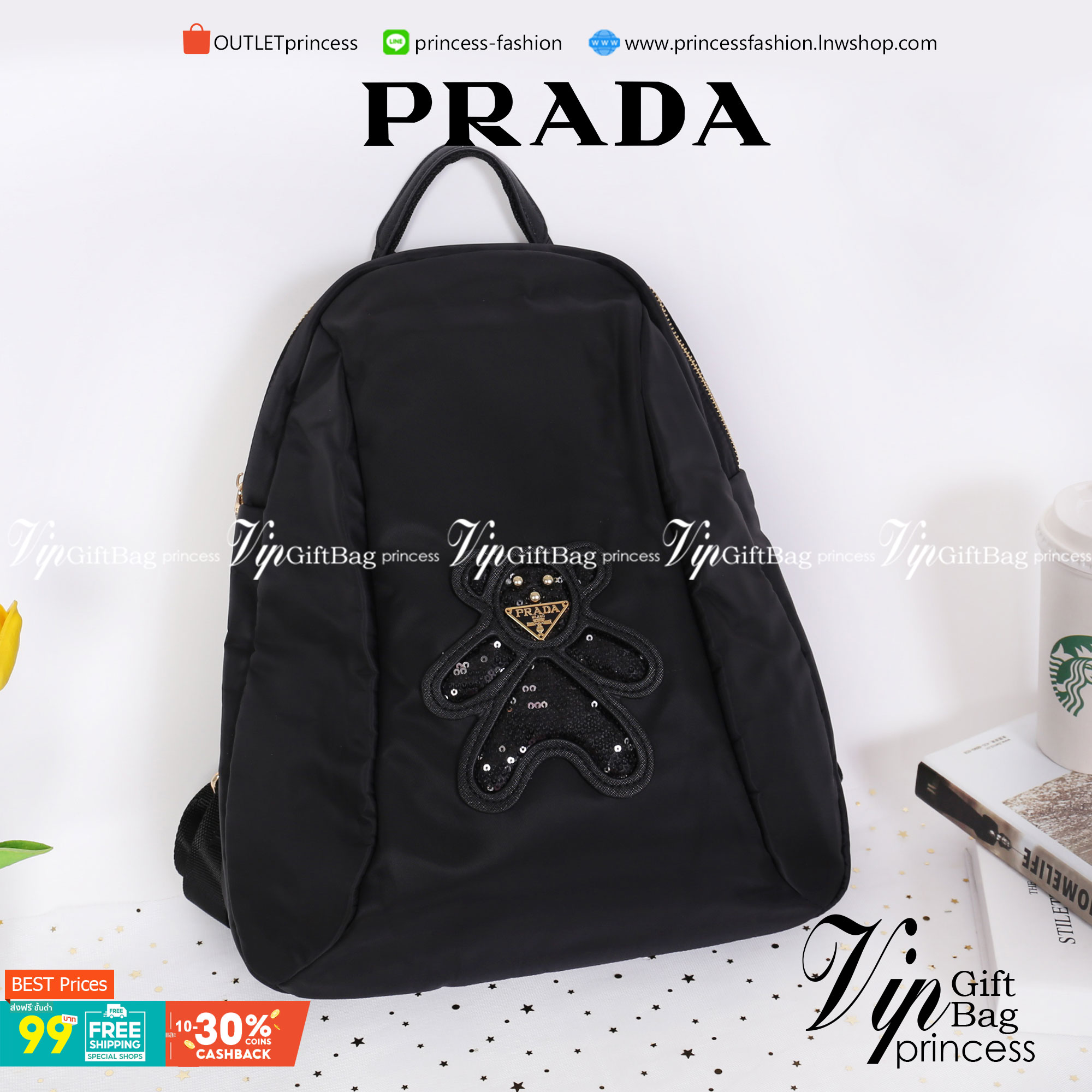 PRADA NYLON Bear BACKPACK กระเป๋าสะพายเป้ Premium gift จากเคาน์เตอร์ต่างประเทศรุ่น Limited edition วัสดุเป็น Nylon เนื้อหนาคุณภาพดีตามแบบฉบับของแบรนด์ ขนาดกำลังดี น้ำหนักเบา ด้านหน้าเป็นลายหมีปั๊กกลิ้ตเตอร์โลโก้แบรนด์ อะไหล่ทองหรูภายในซับ Polyester 100% ม