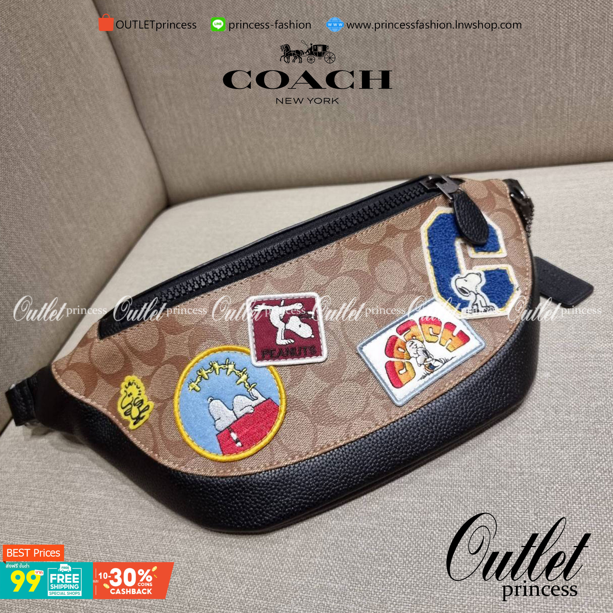 COACH C4028 COACH x PEANUTS WARREN BELT BAG IN SIGNATURE CANVAS WITH VARSITY PATCHES กระเป๋าคาดอกไซส์ใหญ่ คอลเลคชั่นยอดฮิต!! เป็นรุ่นสุดยอดของความคลาสสิค ขนาดสะพายกำลังเท่ คูลๆ ใช้งานง่าย ได้ทั้งหนุ่มๆและสาวๆ วัสดุหนังแคนวาสเคลือบลายสลับหนัง pepble น่าใช้