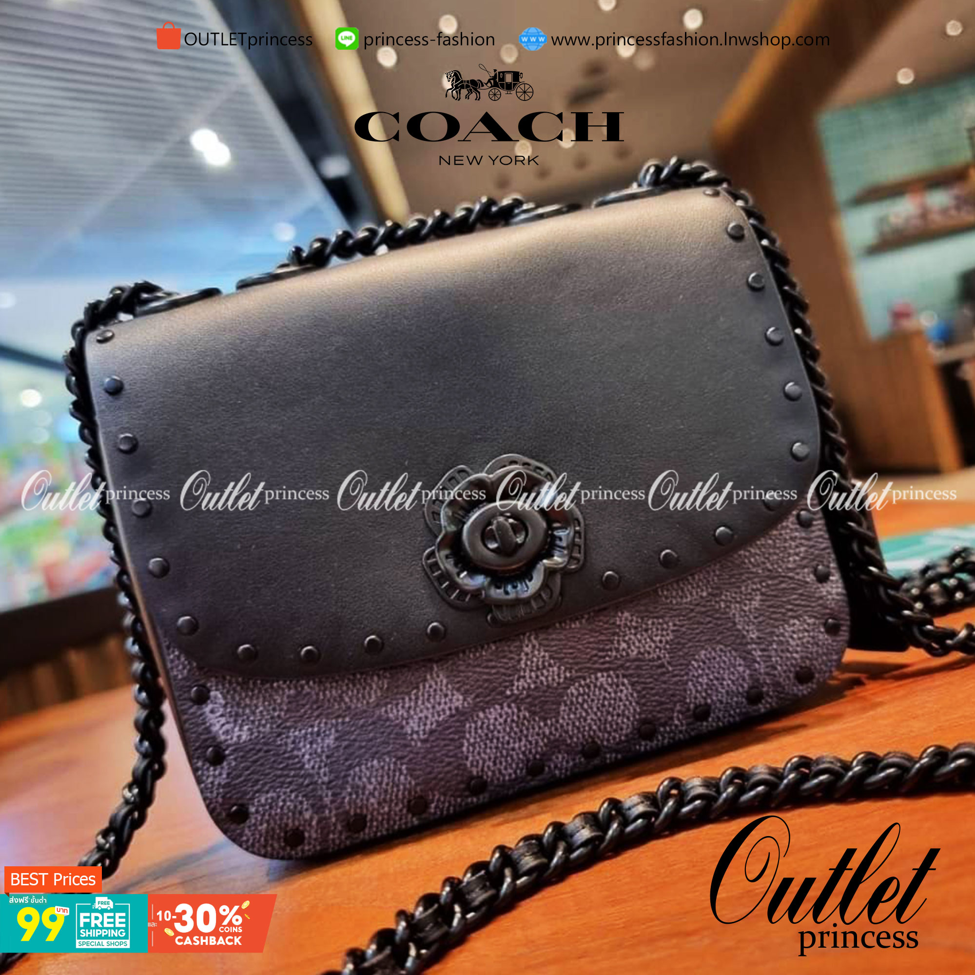 COACH C2462 MADISON SHOULDER BAG 16 IN SIGNATURE CANVAS WITH RIVETS กระเป๋าสะพายข้าง ไซส์กะทัดรัด พกพาง่าย น้ำหนักเบา ดีไซน์สวย โดดเด่นด้วยตัวล็อครูปดอกไม้ สีสันตกแต่งตัดกันกับลายซีอย่างลงตัว วัสดุหนังแคนวาสเคลือบลาย ภายในแบ่งสัดส่วนให้อย่างดี มาพร้อมสายส