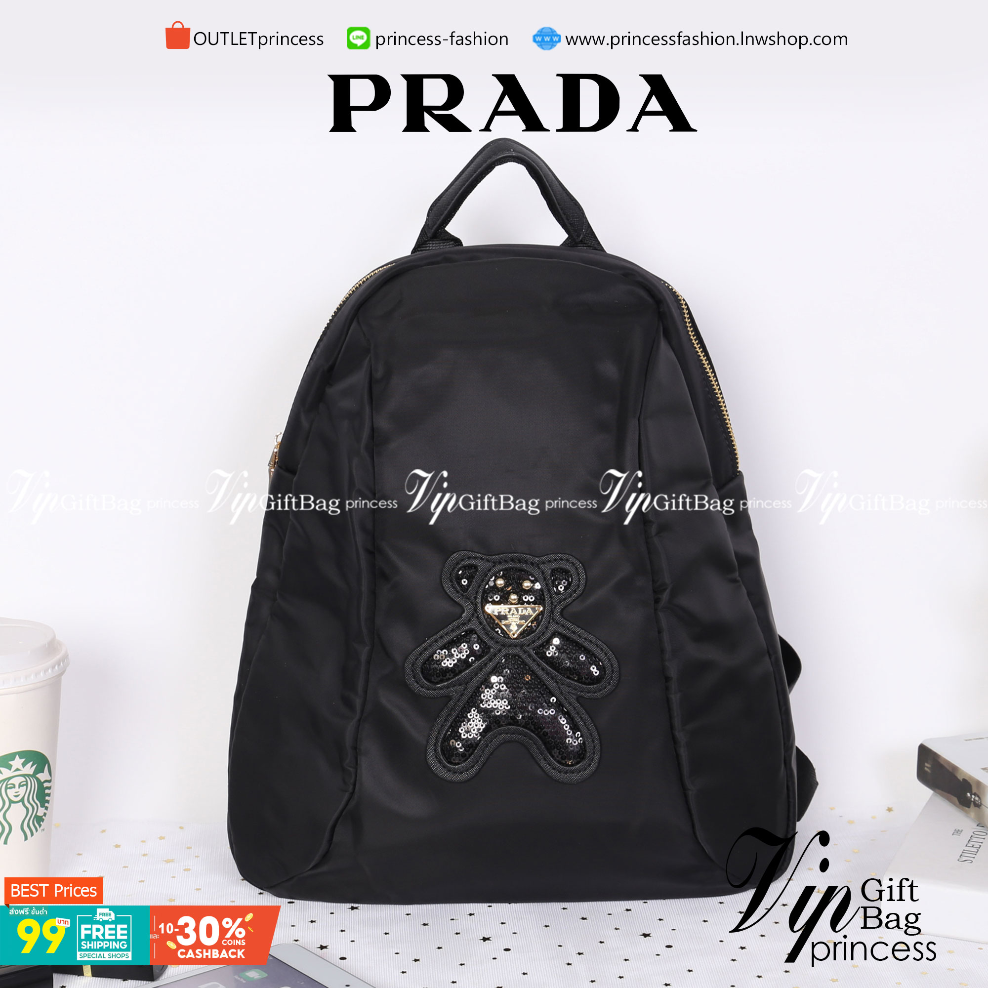 PRADA NYLON Bear BACKPACK กระเป๋าสะพายเป้ Premium gift จากเคาน์เตอร์ต่างประเทศรุ่น Limited edition วัสดุเป็น Nylon เนื้อหนาคุณภาพดีตามแบบฉบับของแบรนด์ ขนาดกำลังดี น้ำหนักเบา ด้านหน้าเป็นลายหมีปั๊กกลิ้ตเตอร์โลโก้แบรนด์ อะไหล่ทองหรูภายในซับ Polyester 100% ม
