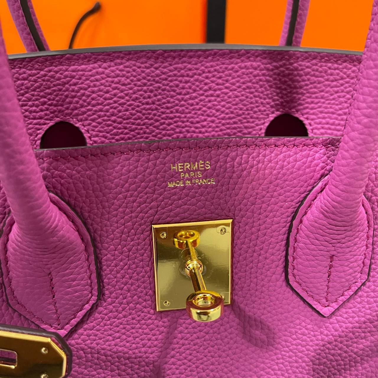 หนังแท้ Hermes BIRKIN 25CM epsom in MAUVSSYLESTE COLOR FULL HANDMADE GOLD HARDWARE เกรดออริจินอล ภาพสินค้าถ่ายจากงานขายจริง