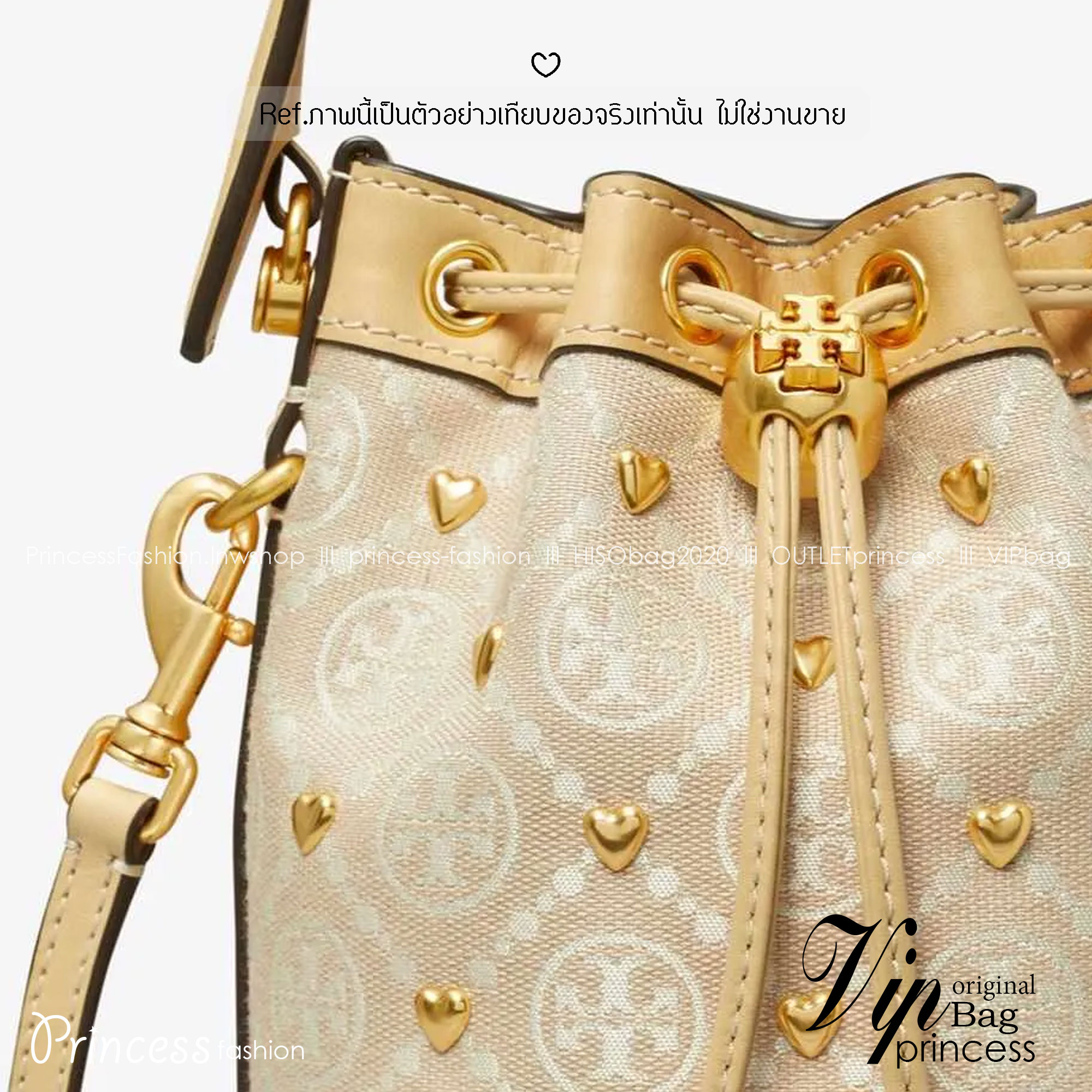TORY BURCH T MONOGRAM EMBELLISHED MINI BUCKET BAG NEW IVORY MULTI กระเป๋าทรงบัคเก็ตแต่งหัวใจสีทองสวยหรู น่ารักรุ่นใหม่ล่าสุด เกรดท็อปออริ เทียบแท้ 1:1 เกรดดีสุด ใช้งานต่างประเทศได้