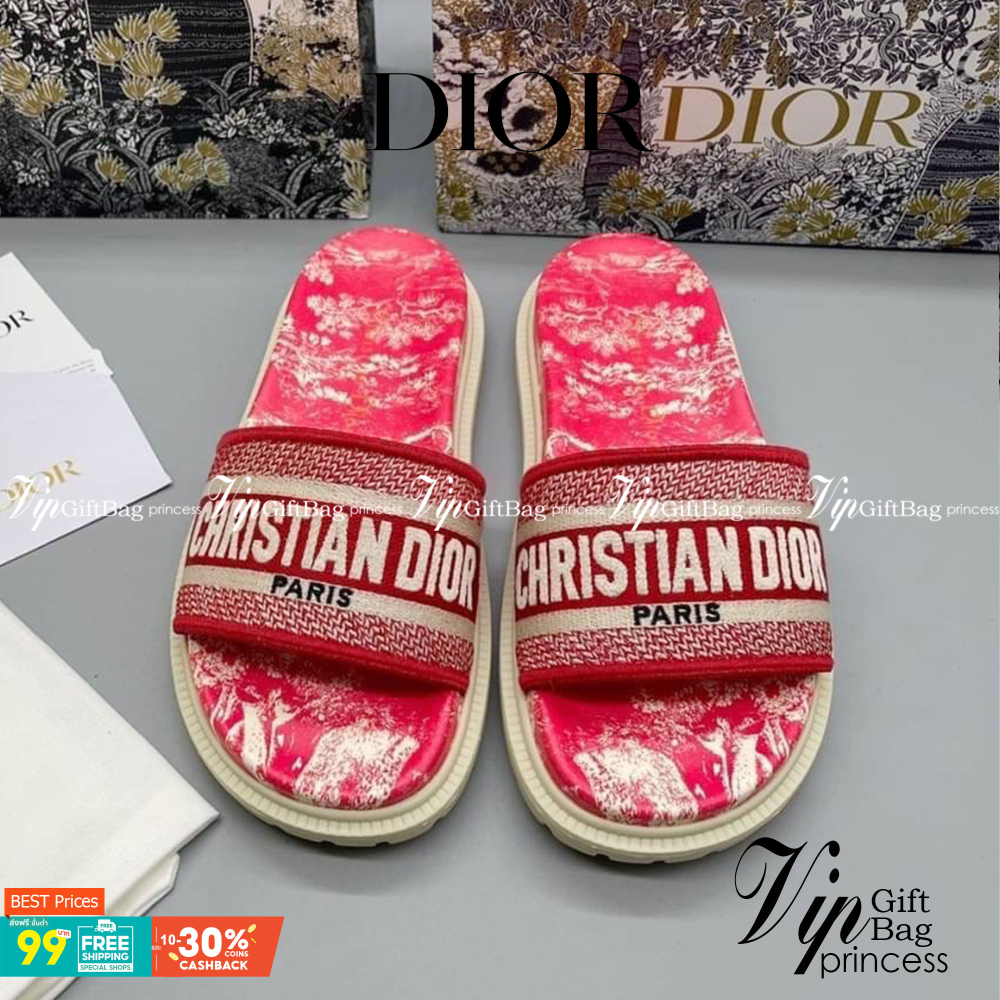 DIOR DWAY SLIDE Toile de Jouy Flowers Embroidered Cotton Dior Sandals รองเท้าแตะที่เป็นเอกลักษณ์ ที่สุดแห่งความหรูหราใช้งานได้ทุกวัน ตัดเย็บจากผ้าฝ้ายปักลาย ประดับด้วยรายละเอียดสวยงาม เสริมส้นยางหนาอย่างดีสวมใส่ง่าย น้ำหนักเบา งานเกรดออริจินอล 1:1 เหมือนท