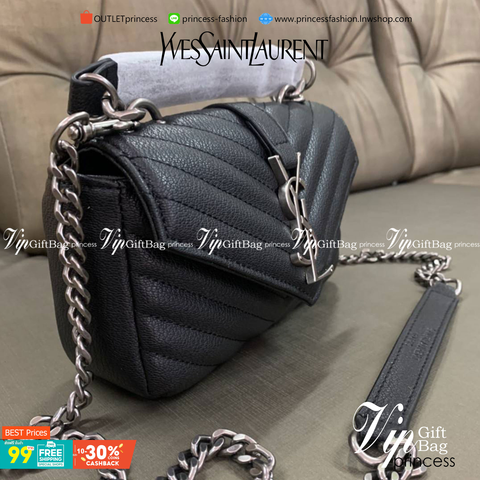 VIP 】SAINT LAURENT CLASSIC BABY COLLEGE MONOGRAM CHAIN BAG IN BLACK MATELASSE LEATHER VIP GIFT WITH PURCHASE (GWP) พรีเมี่ยมกิ้ฟ Limited Edition จาก YSL DUTY FREE COUNTER กระเป๋าสะพายรูปทรงน่ารัก ดีไซต์มาใหม่สำหรับสาวก SAINT LAURENT มีหูจับเกร๋ๆ ที่ด้านบน