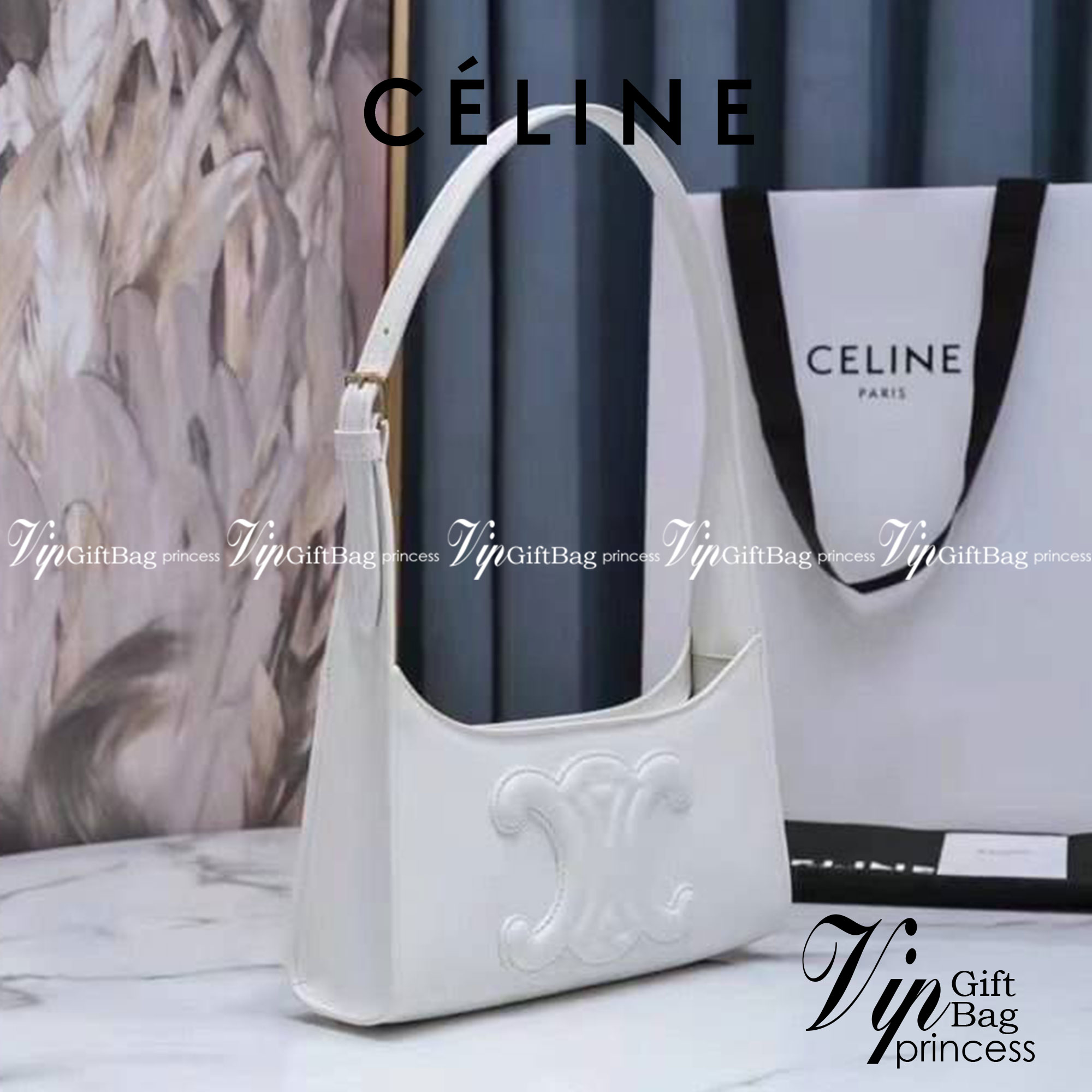 หนังแท้ CELINE SHOULDER BAG CUIR TRIOMPHE IN SMOOTH CALFSKIN ภาพสินค้าถ่ายจากงานขายจริง ใช้งานต่างประเทศได้