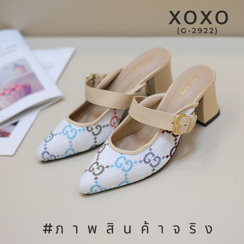 Gucci รองเท้างานสวม ผ้าทวีส สกรีนแบรนด์ สวย หรู ดูแพงเกินราคาจร้า ด้านหน้าคาดเข็มขัด ส้นแท่งตัน ใส่สบาย ไม่เมื่อย แมทส์ชุดง่าย น้ำหนักเบา