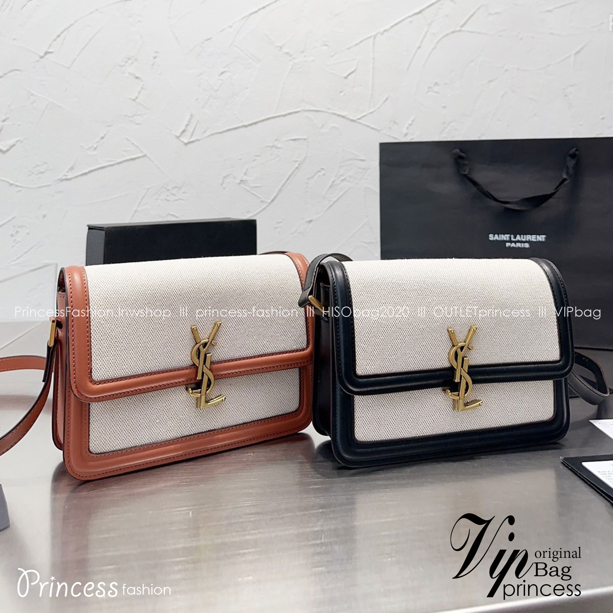Medium Solferino Ysl-plaque Canvas Canvas Crossbody Bag 9" / YSL SOLFERINO BAG / YSL BAG พร้อมส่งที่ไทย กระเป๋าสพายรุ่นฮิต ทรงสี่เหลี่ยมหนังสวยหรูอยู่ทรง เปิดปิดด้วยฝาปิดโลโก้แบรนด์อะไหล่ทอง