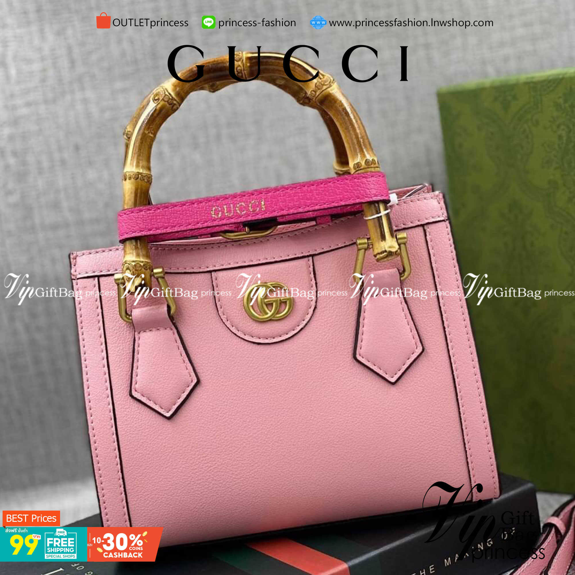 VIP GIFT 】หนังแท้ GUCCI Diana mini tote bag กระเป๋างานหูไม้ไผ่สุดคลาสสิก ดีไซน์มาใหม่พร้อมเข็ดขัดหนังสีสะท้อนแสงประดับตรงหูกระเป๋า ขนาดมินิกำลังน่ารักเลยค่ะ วัสดุหนังแท้ อะไหล่ทอง งานสวยตั้งอยู่ทรง มีสายสะพายยาว 1เส้น สามารถปรับระดับได้-ถอดได้ งานเก๋ไก๋ที