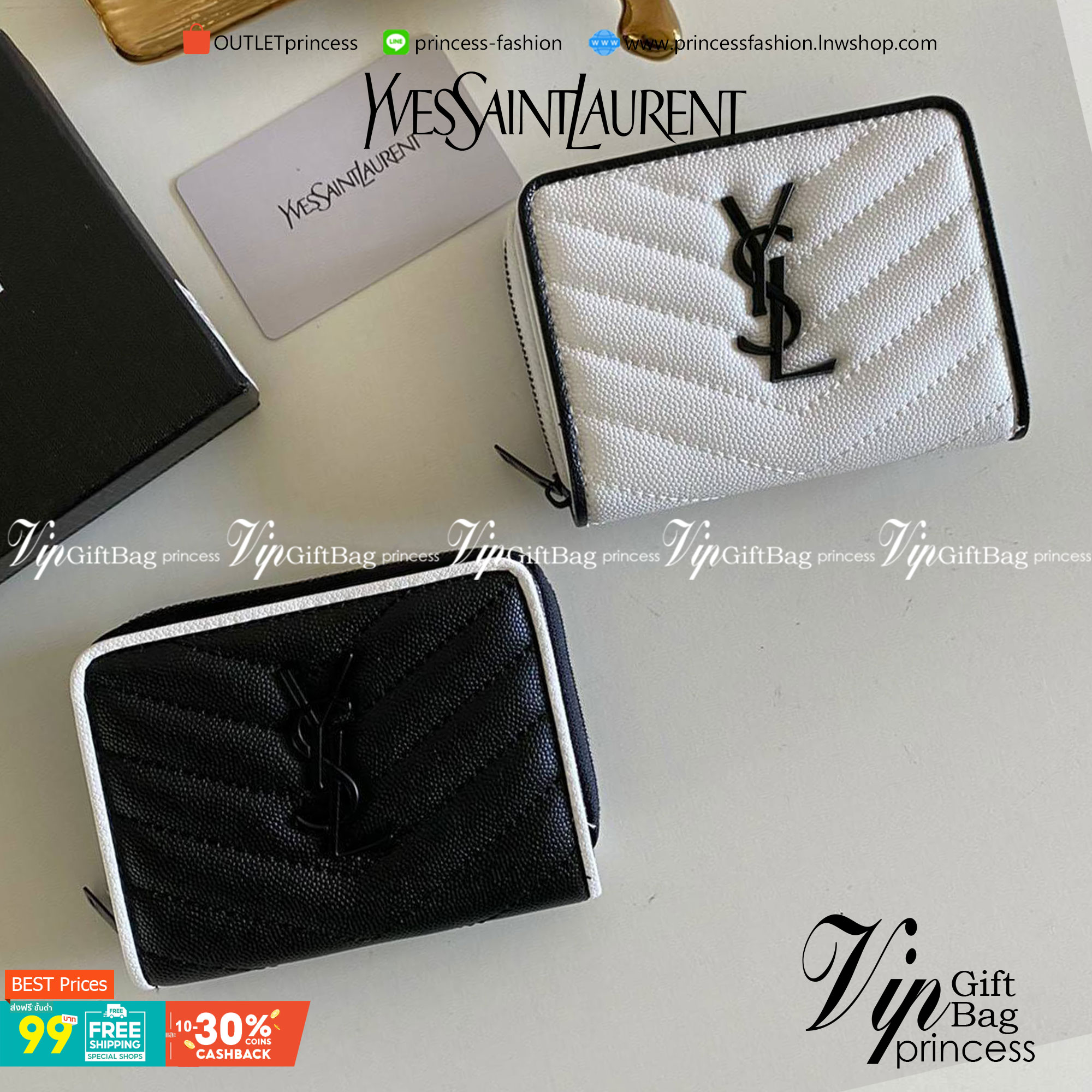 VIP GIFT 】หนังแท้ YSL Saint Laurent monogram compact zip short wallet มาแล้วจร้า ถามหากันเยอะมากๆ กระเป๋าสตางค์ใบสั้นที่ใส่แบงค์ ใส่บัตร ใส่เหรียญได้เยอะสุดๆ มีสองด้านซิปและพับ ใบเดียวครบจบเลย หนังสวยมาก ละเอียดสุดๆ