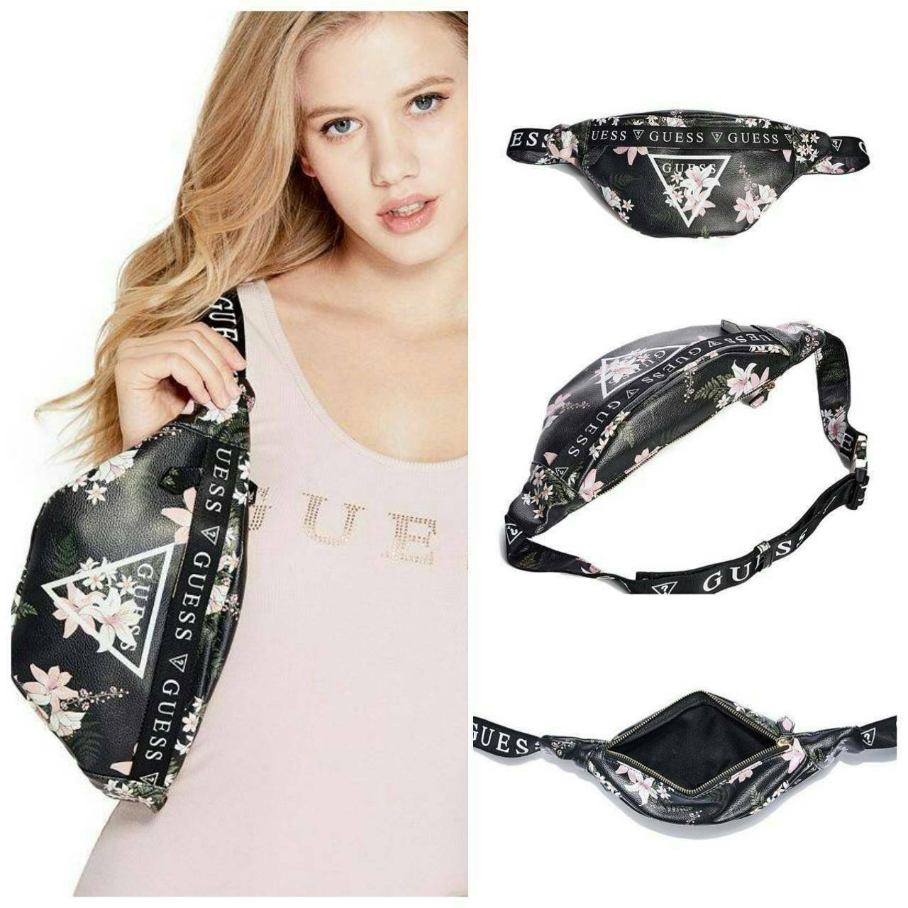 GUESS GESABEL GYM FANNY PACK กระเป๋าหนังคาดเอว/อก ด้านหน้าปั๊มโลโก้แบรนด์ทรงสามเหลี่ยม ตัวกระเป๋าเปิดปิดด้วยซิปใช้งานง่าย มี 2 ช่องซิป มีลูกเล่นซ่อนซิปหน้าคาดปิดด้วยสายพิมพ์โลโก้ ภายในกระเป๋าโล่งกว้าง สามารถใส่มือถือได้ทุกรุ่น จุของได้เยอะ รับรองถูกใจสาวๆ