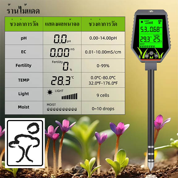 เครื่องวัดดิน วัดน้ำ แบบ 6in1 ใช้วัด pH / EC ในดิน และน้ำ ความสมบูรณ์ดิน, ความเค็มดิน, ความชื้นดิน, อุณหภูมื และค่าแสง