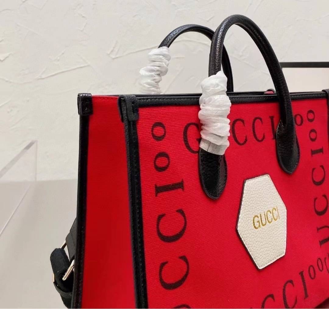 VIP 】Gucci 100 small tote bag Hibiscus red felt with Gucc100 print Black leather พร้อมส่งที่ไทย