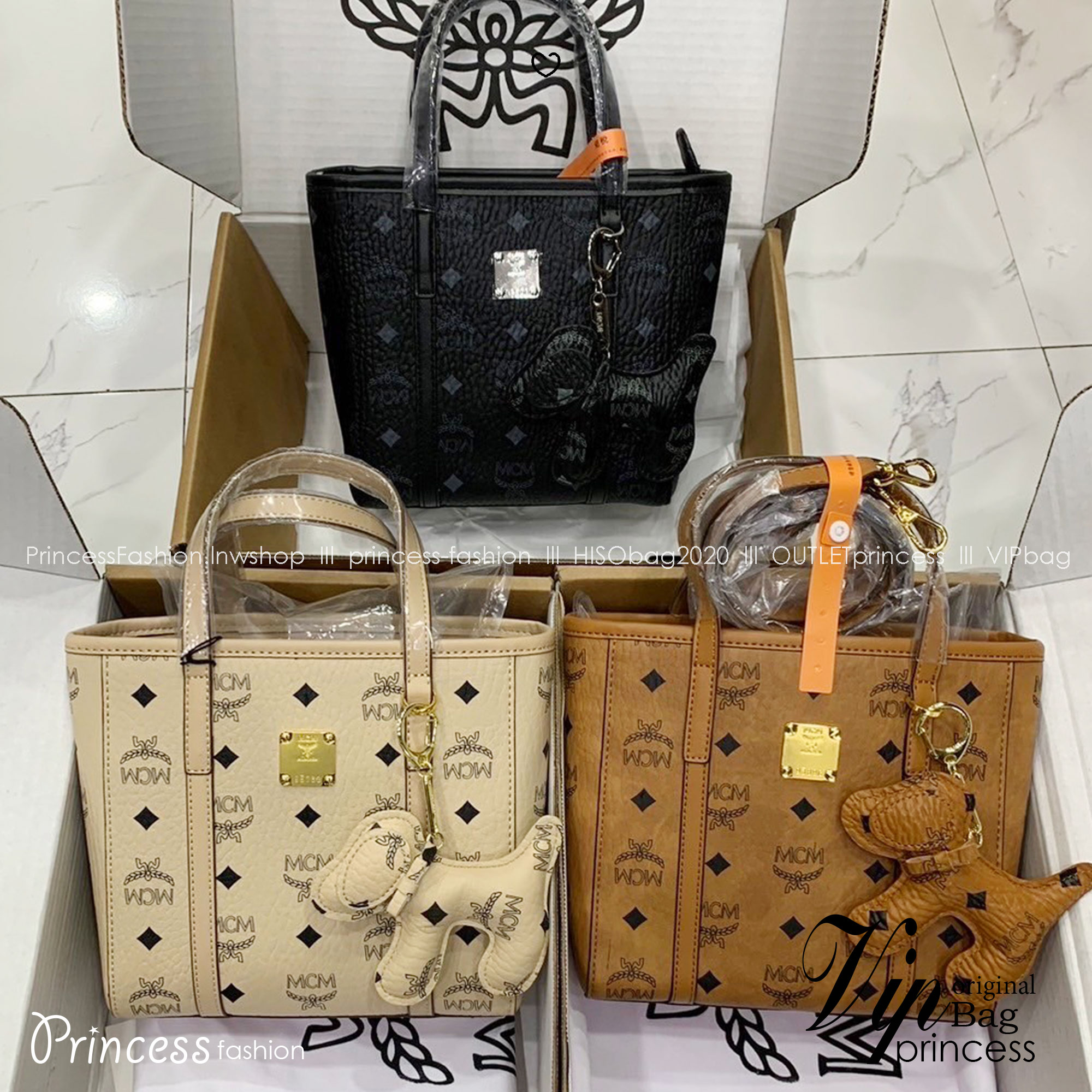 M.C.M Toni Top-Zip Shopper in Visetos กระเป๋าทรงโท้ท พร้อมพวงกุญแจน้องหมาห้อย พิมพ์ลายสวยงาม เกรดท็อปออริ 1:1 สลับแท้ ใช้งานต่างประเทศได้