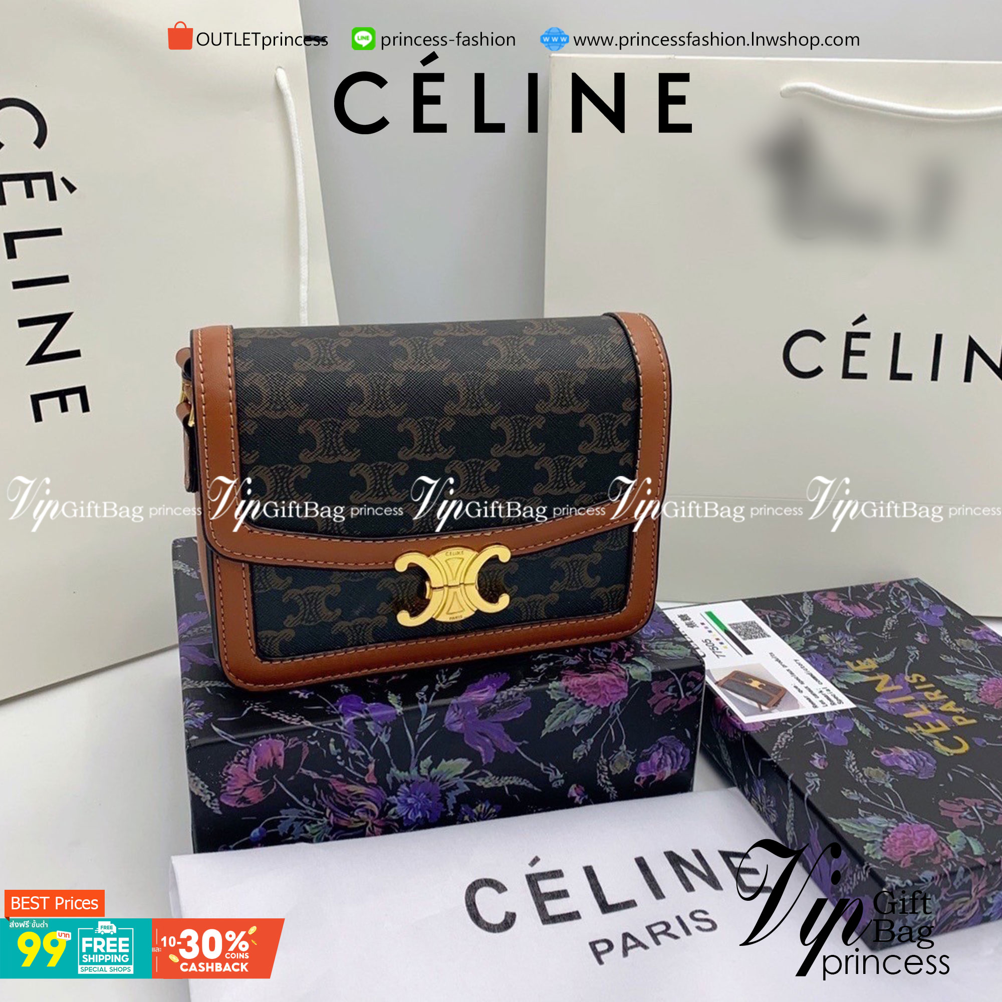 VIP 】𝗖𝗘𝗟𝗜𝗡𝗘 CROSSBODY VIP GIFT MEDIUM/TEEN TRIOMPHE BAG IN TRIOMPHE CANVAS AND CALFSKIN มี 2 ขนาด งานสวยอยู่ทรงเปิดปิดด้วยตัวล้อคด้านหน้า ภายในมีช่องใส่ของหลัก พร้อมช่องซิป ใส่กระเป๋าสตางค์กลาง + มือถือได้ ท