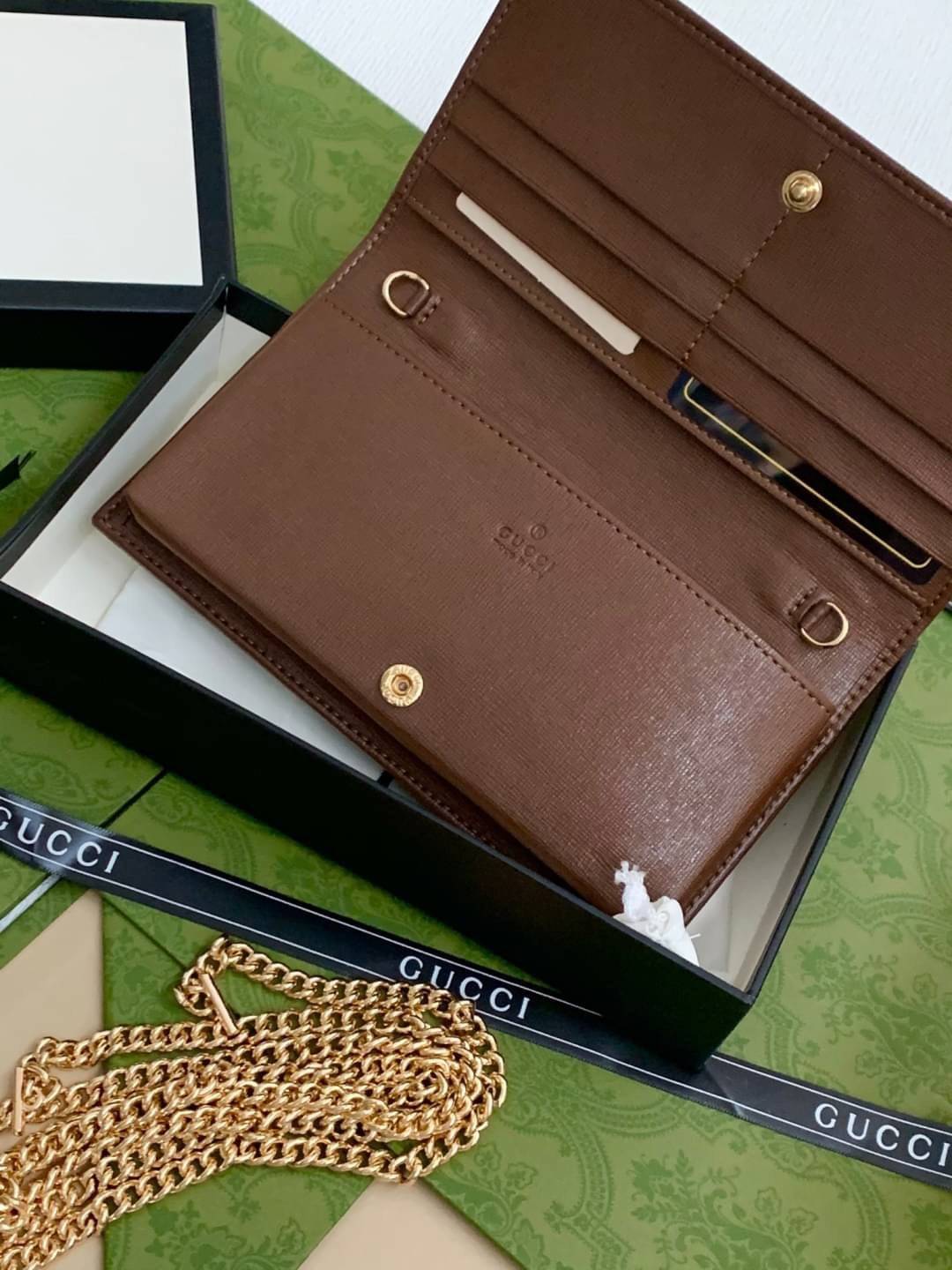 VIP 】GUCCI 1955 Horsebit PRINT GG Unisex Wallet Crossbody With Chain กระเป๋าสตางค์ใบยาวคล้องไหล่หนังแท้ [Box set]