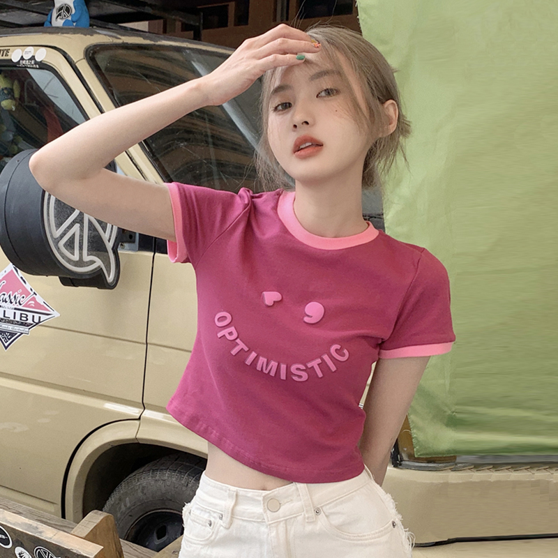 พร้อมส่ง 🩳 Warin tops เสื้อแขนสั้นคอกลมสีชมพู (IN36891)
