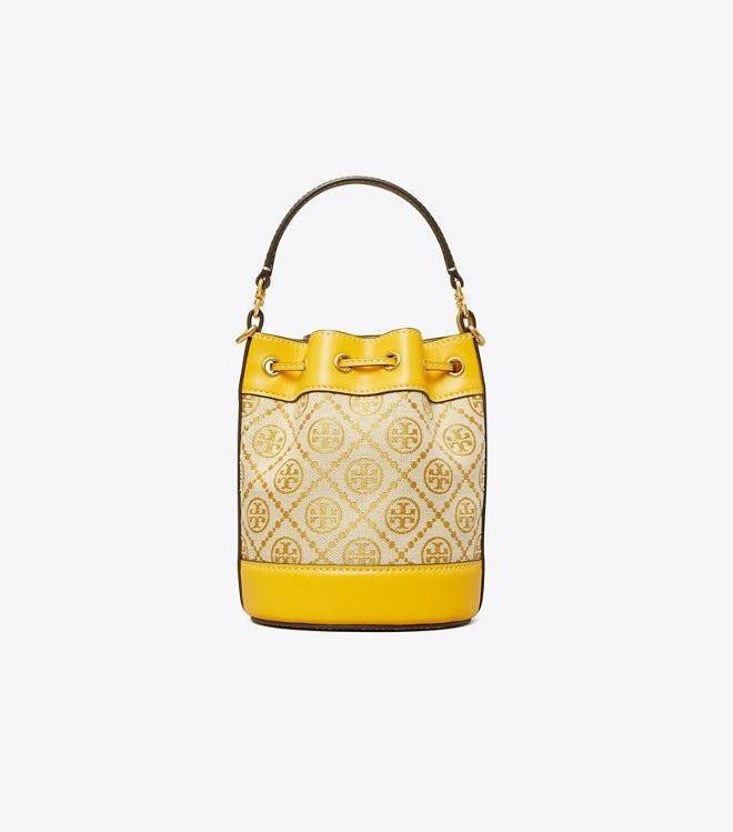 ของแท้ 💯% 】Tory Burch Monogram Jacquard Mini Bucket Bag กระเป๋าถือหรือสะพายไหล่ วัสดุผ้า Canvas โลโก้ Jacquard ทรงถัง ตั้งอยู่ทรง กระเป๋าปักลายแบรนด์ สวยหรู