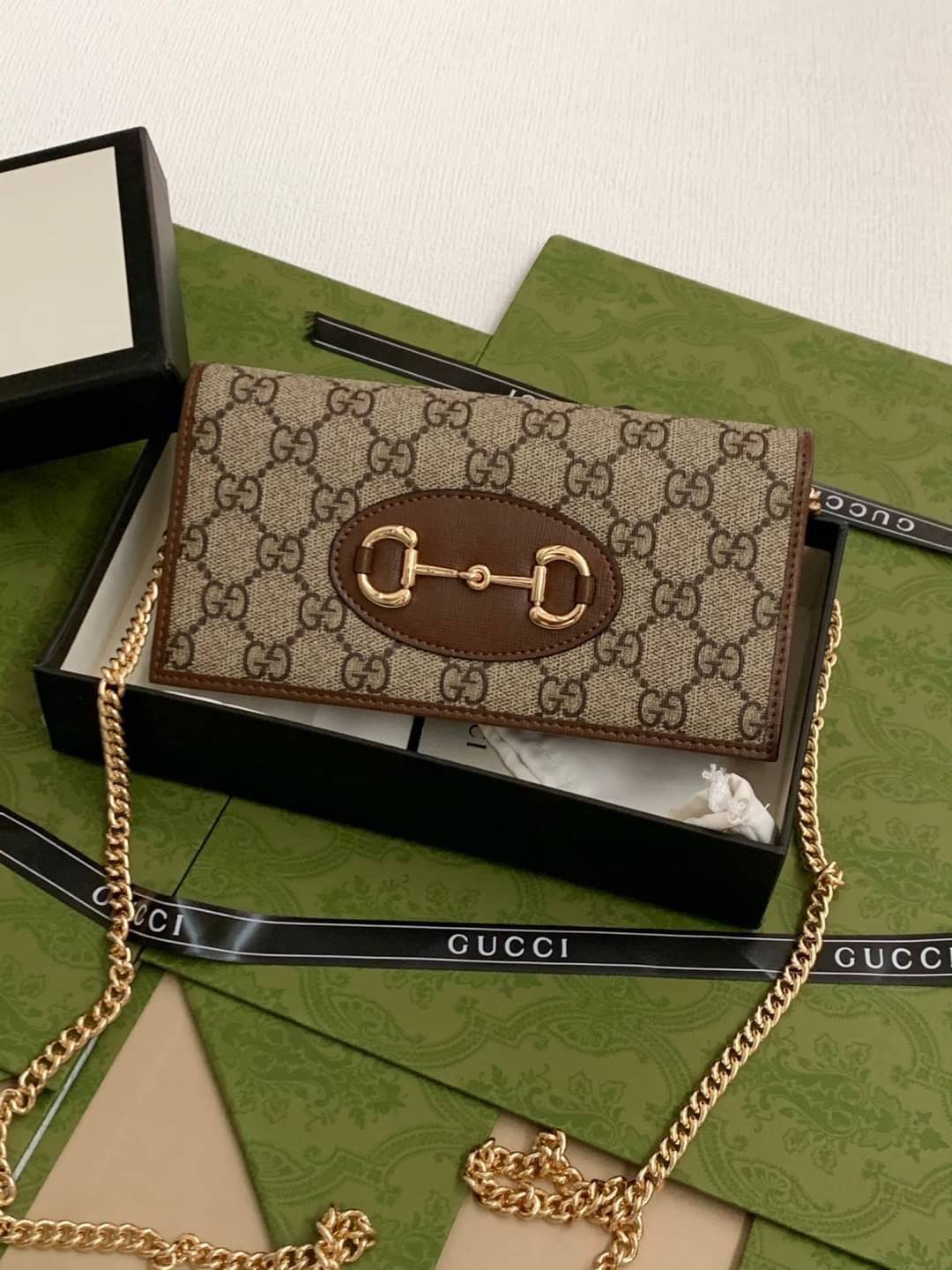 VIP 】GUCCI 1955 Horsebit PRINT GG Unisex Wallet Crossbody With Chain กระเป๋าสตางค์ใบยาวคล้องไหล่หนังแท้ [Box set]